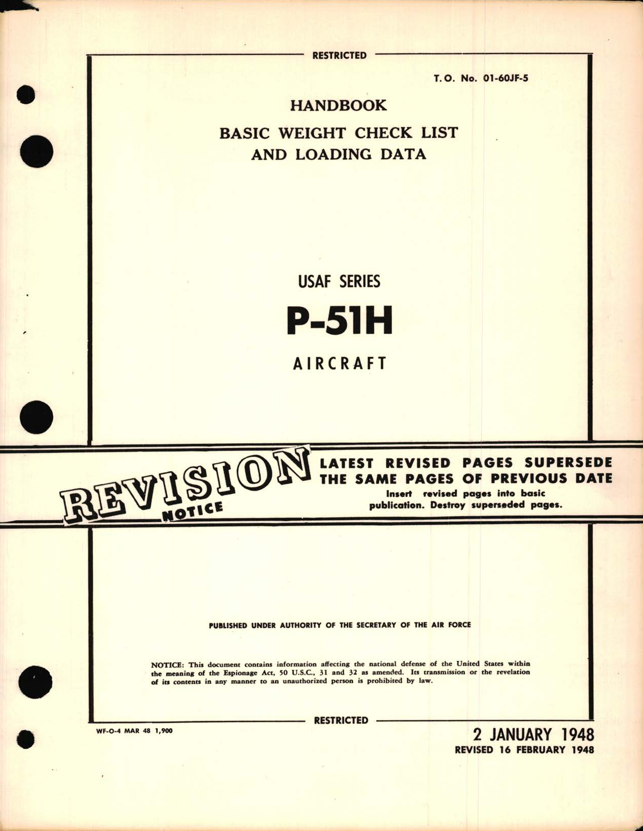 Sample page 1 from AirCorps Library document: Basic Weight Check List and Loading Data for USAF Series P-51H Aircraft