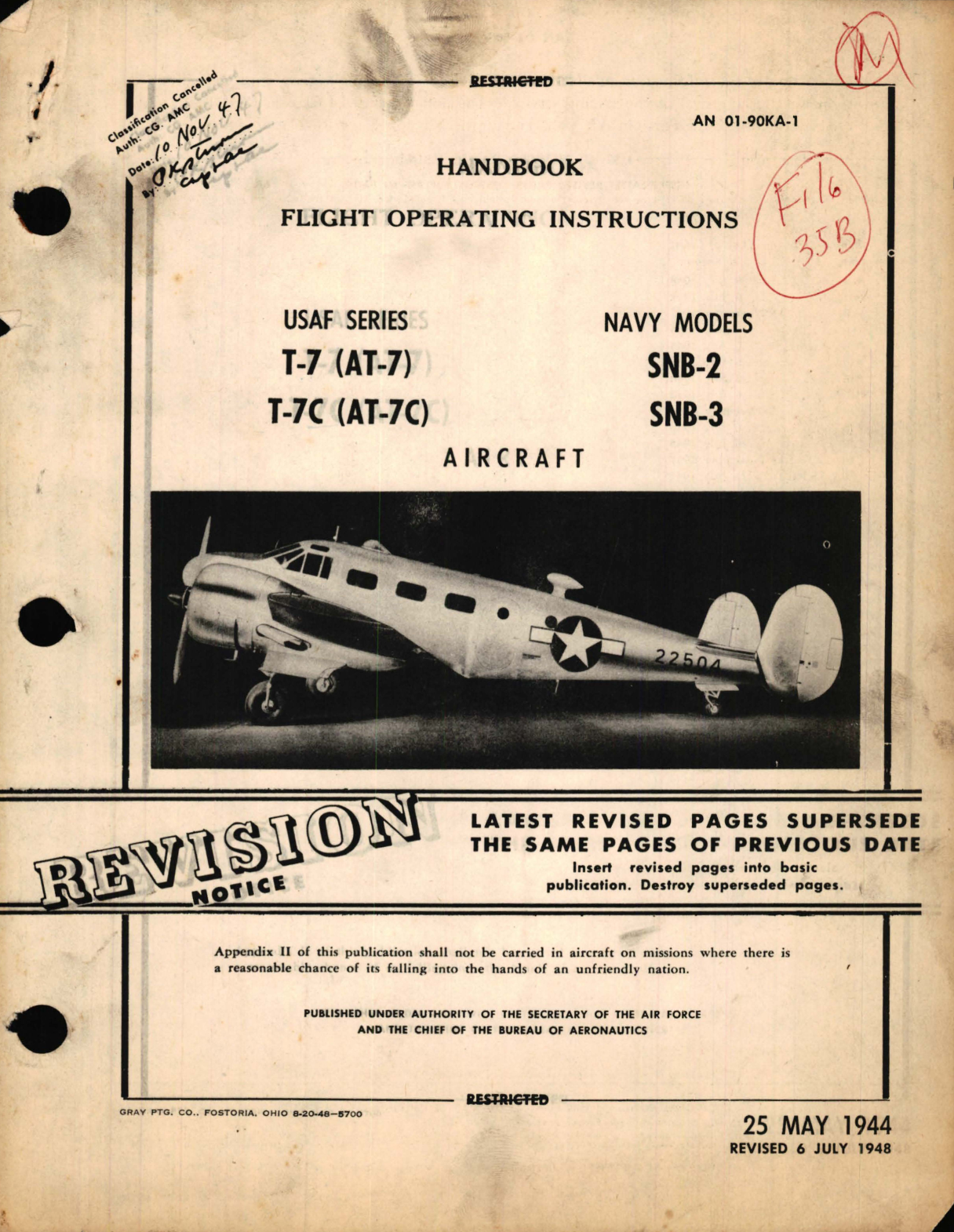 Sample page 1 from AirCorps Library document: Flight Operating Instructions for USAF Series T-7 (AT-7), T-7C (AT-7C) Navy Models SNB-2, SNB-3