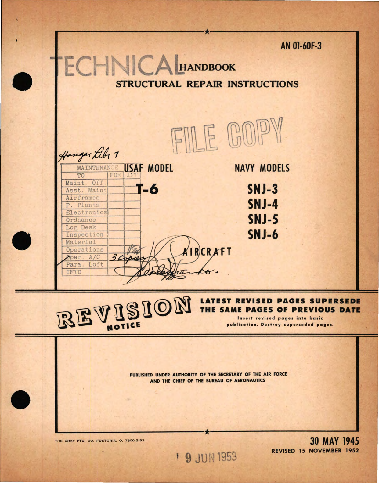 Sample page 1 from AirCorps Library document: Structural Repair Instructions for USAF Model T-6 Navy Models SNJ-3, SNJ-4, SNJ-5, SNJ-6