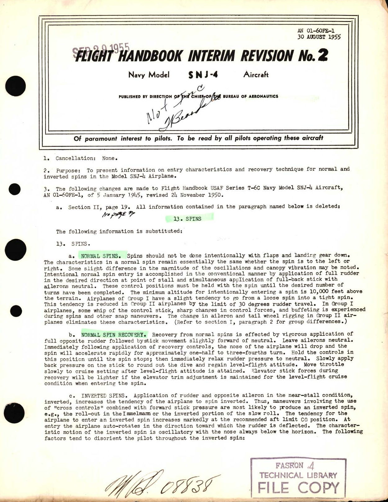 Sample page 1 from AirCorps Library document: Flight Handbook Interim Revision No. 2 for Navy Model SNJ-4 Aircraft