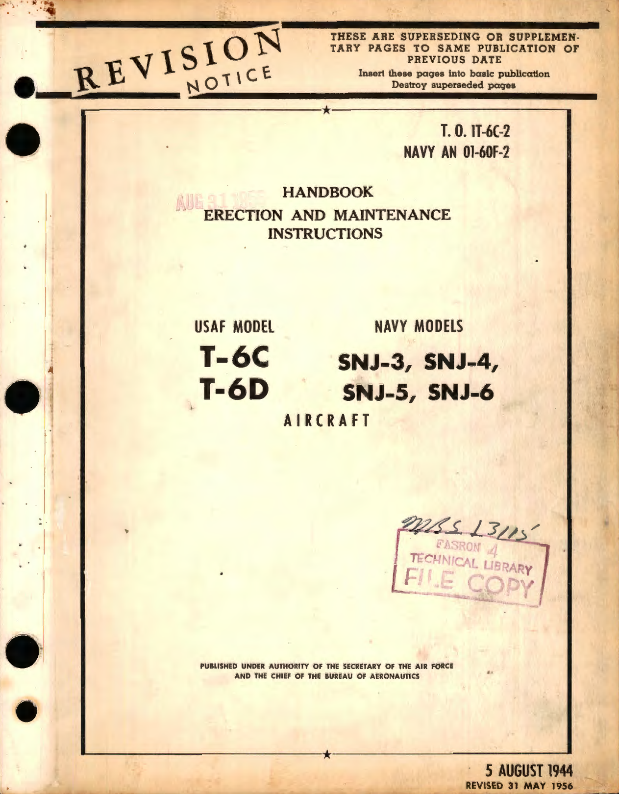 Sample page 1 from AirCorps Library document: Erection and Maintenance Instructions for USAF Model T-6C, T-6D Navy Models SNJ-3, SNJ-4, SNJ-5, SNJ-6 Aircraft