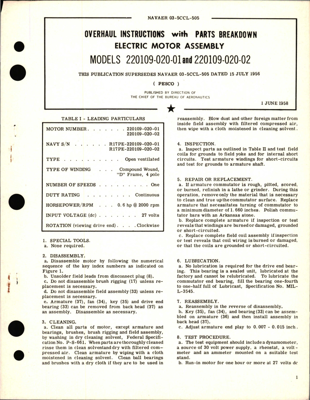 Sample page 1 from AirCorps Library document: Overhaul Instructions with Parts Breakdown for Electric Motor Assembly - Models 220109-020-01 and 220109-020-02 