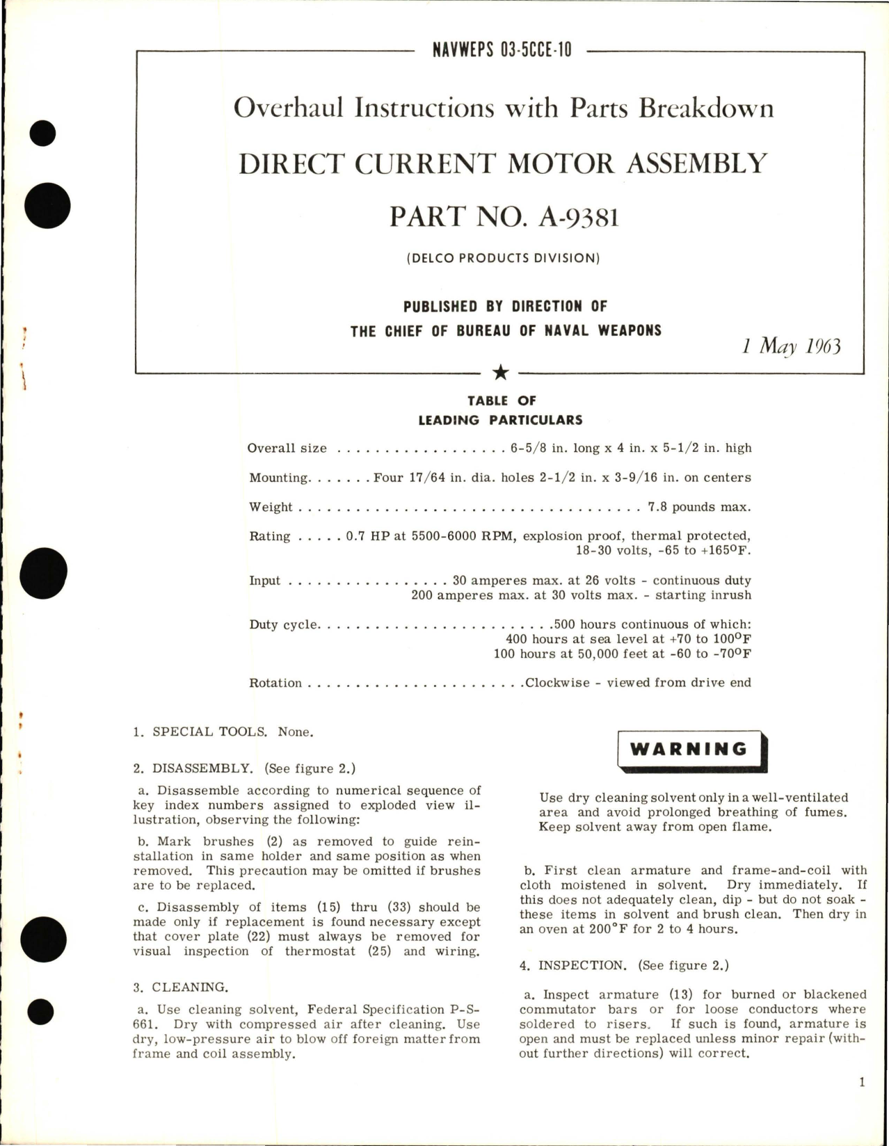 Sample page 1 from AirCorps Library document: Overhaul Instructions with Parts Breakdown for Direct Current Motor Assembly - Part A-9381