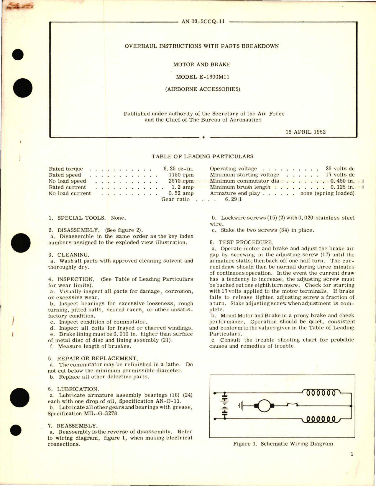 Sample page 1 from AirCorps Library document: Overhaul Instructions with Parts Breakdown for Motor and Brake - Model E-1600M11