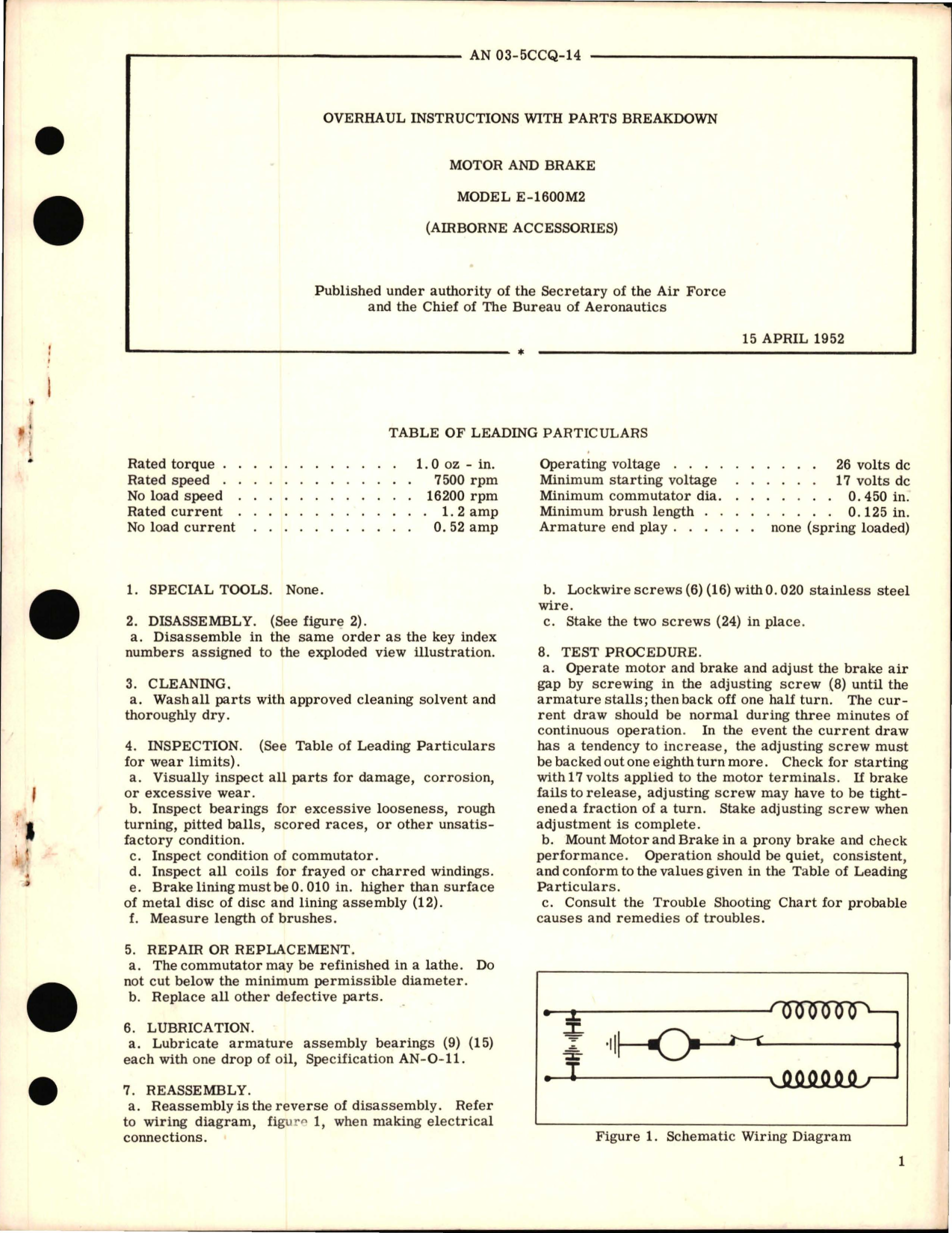 Sample page 1 from AirCorps Library document: Overhaul Instructions with Parts Breakdown for Motor and Brake - Model E-1600M2