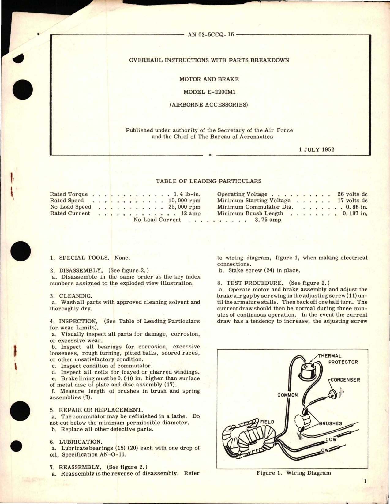 Sample page 1 from AirCorps Library document: Overhaul Instructions with Parts Breakdown for Motor and Brake - Model E-2200M1
