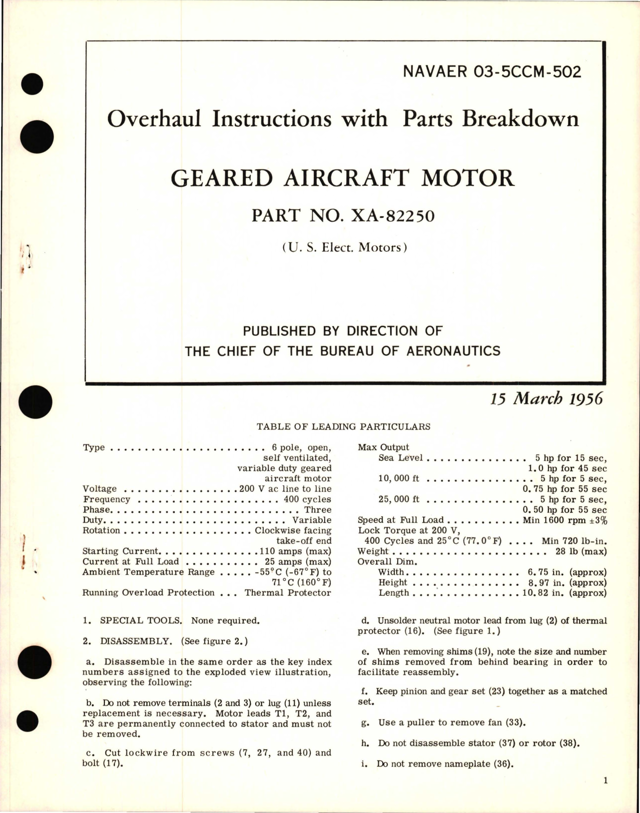 Sample page 1 from AirCorps Library document: Overhaul Instructions with Parts Breakdown for Geared Aircraft Motor - Part XA-82250