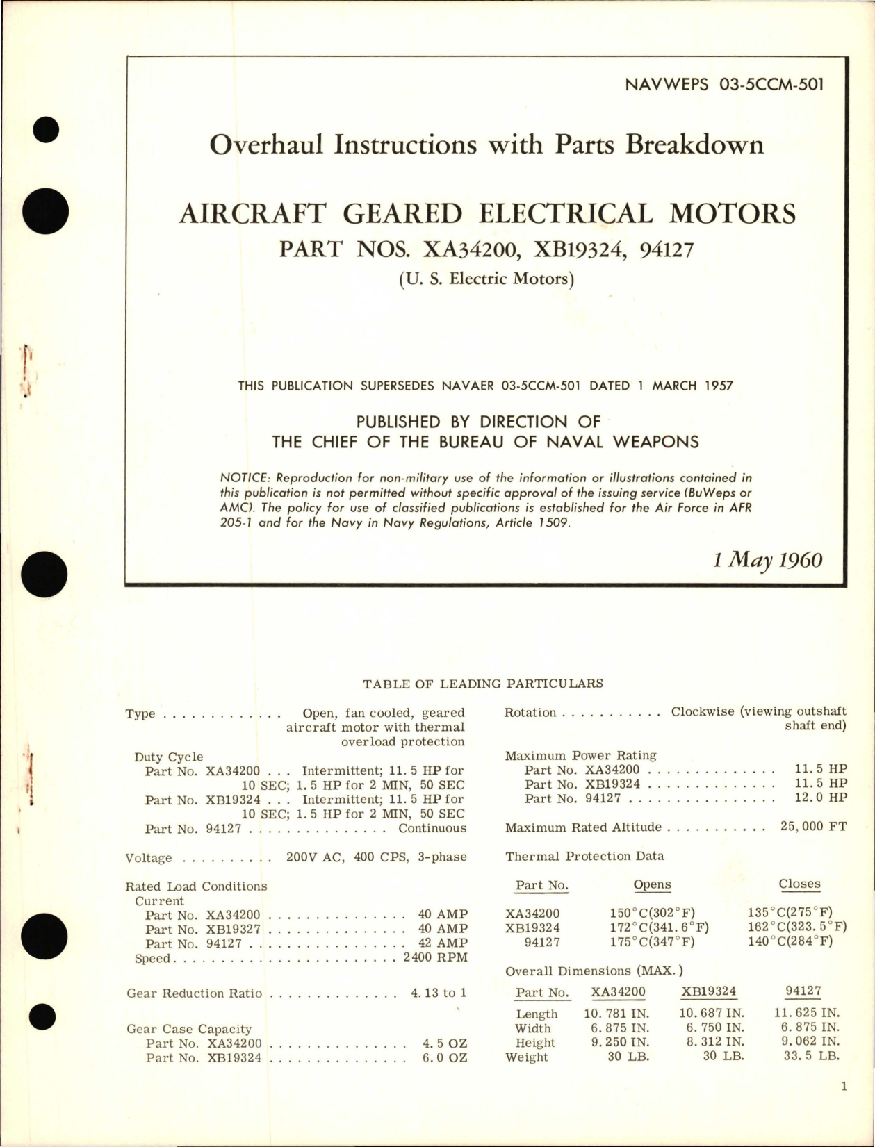 Sample page 1 from AirCorps Library document: Overhaul Instructions with Parts Breakdown for Aircraft Geared Electrical Motors - Part XA34200, XB19324 and 94127