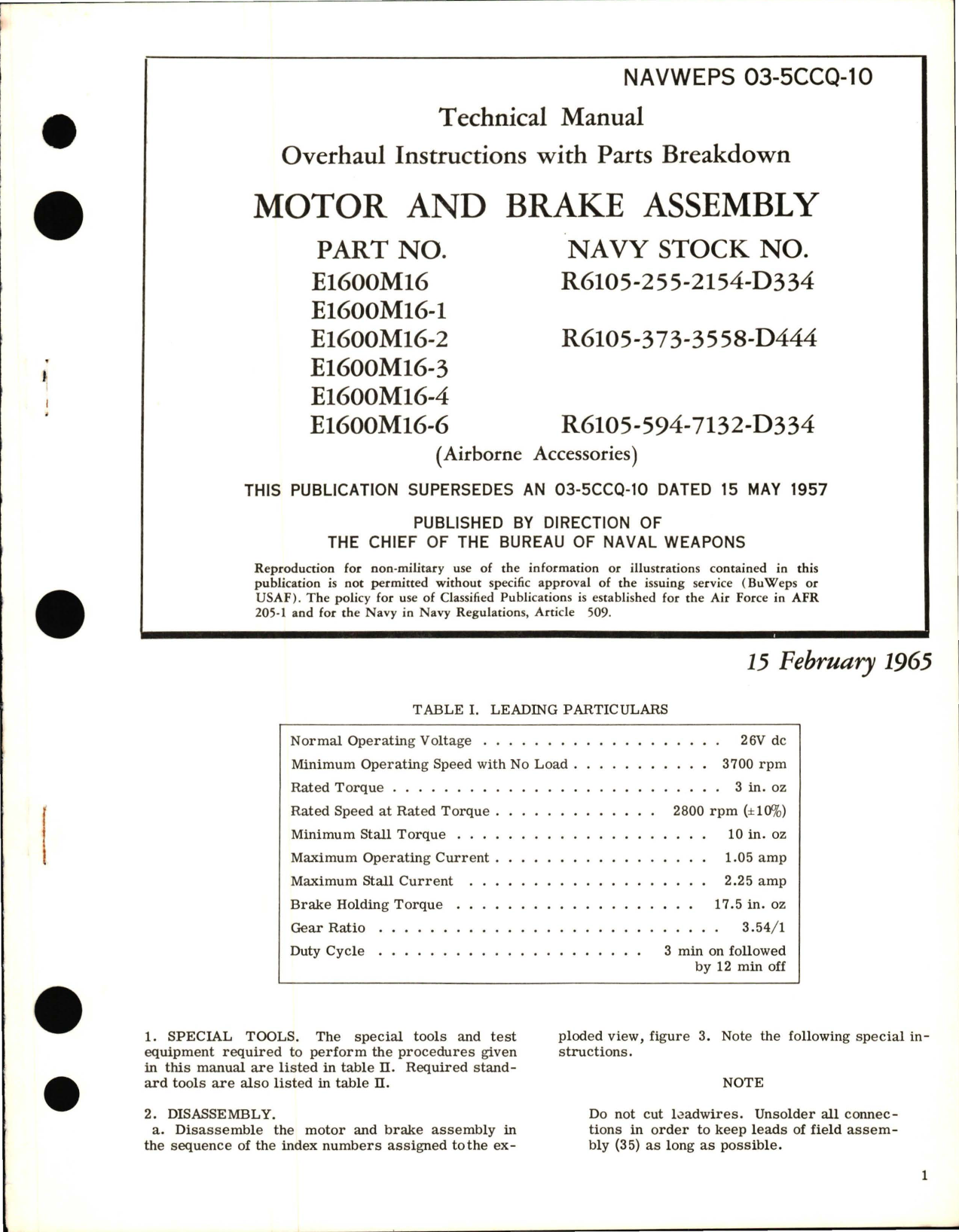 Sample page 1 from AirCorps Library document: Overhaul Instructions with Parts Breakdown for  Motor and Brake Assembly - E1600M16 Series