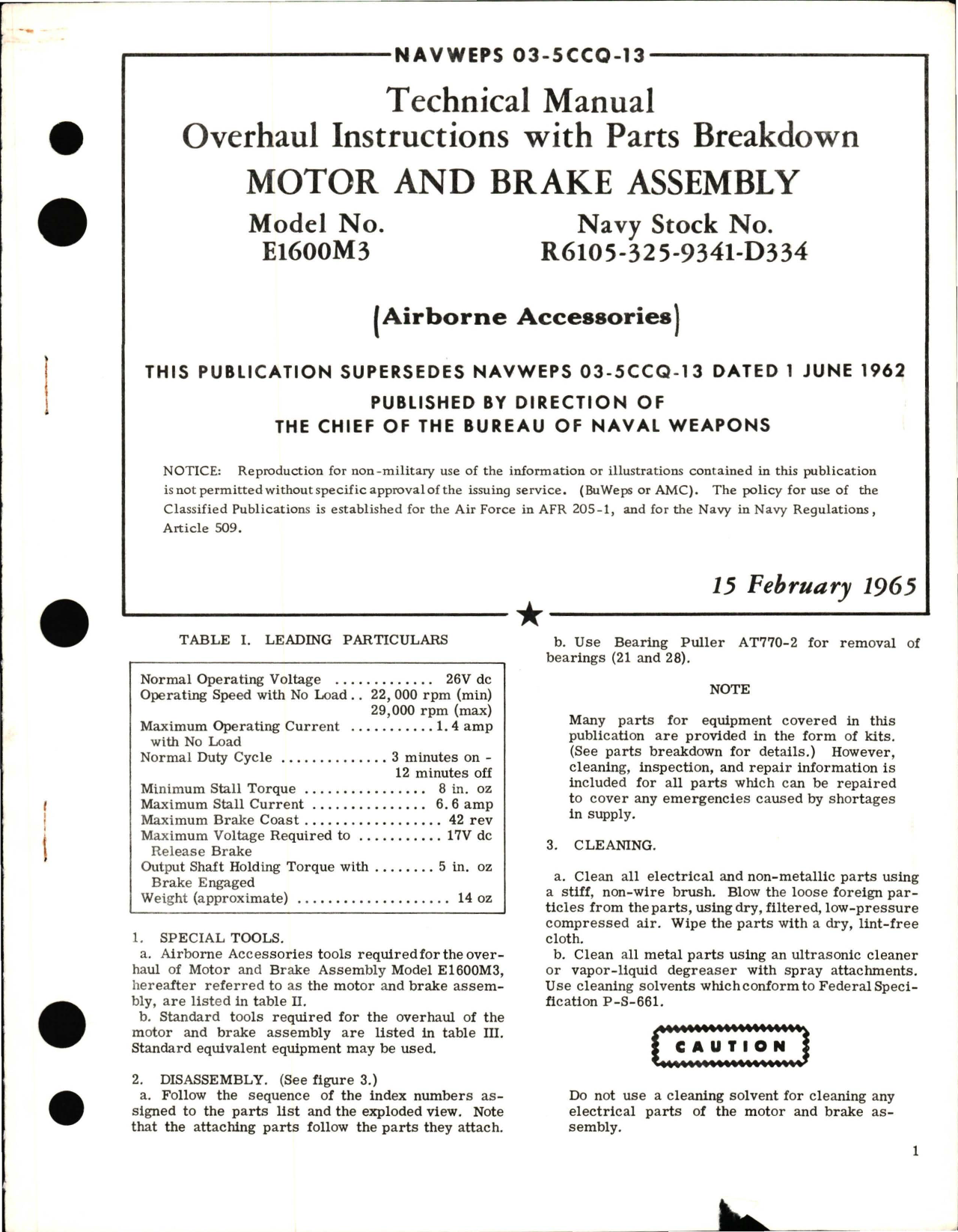 Sample page 1 from AirCorps Library document: Overhaul Instructions with Parts Breakdown for Motor and Brake Assembly - Model E1600M3