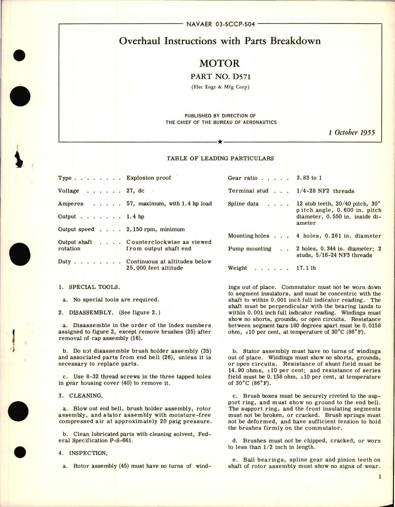 Sample page 1 from AirCorps Library document: Overhaul Instructions with Parts Breakdown for Motor - Part D571 