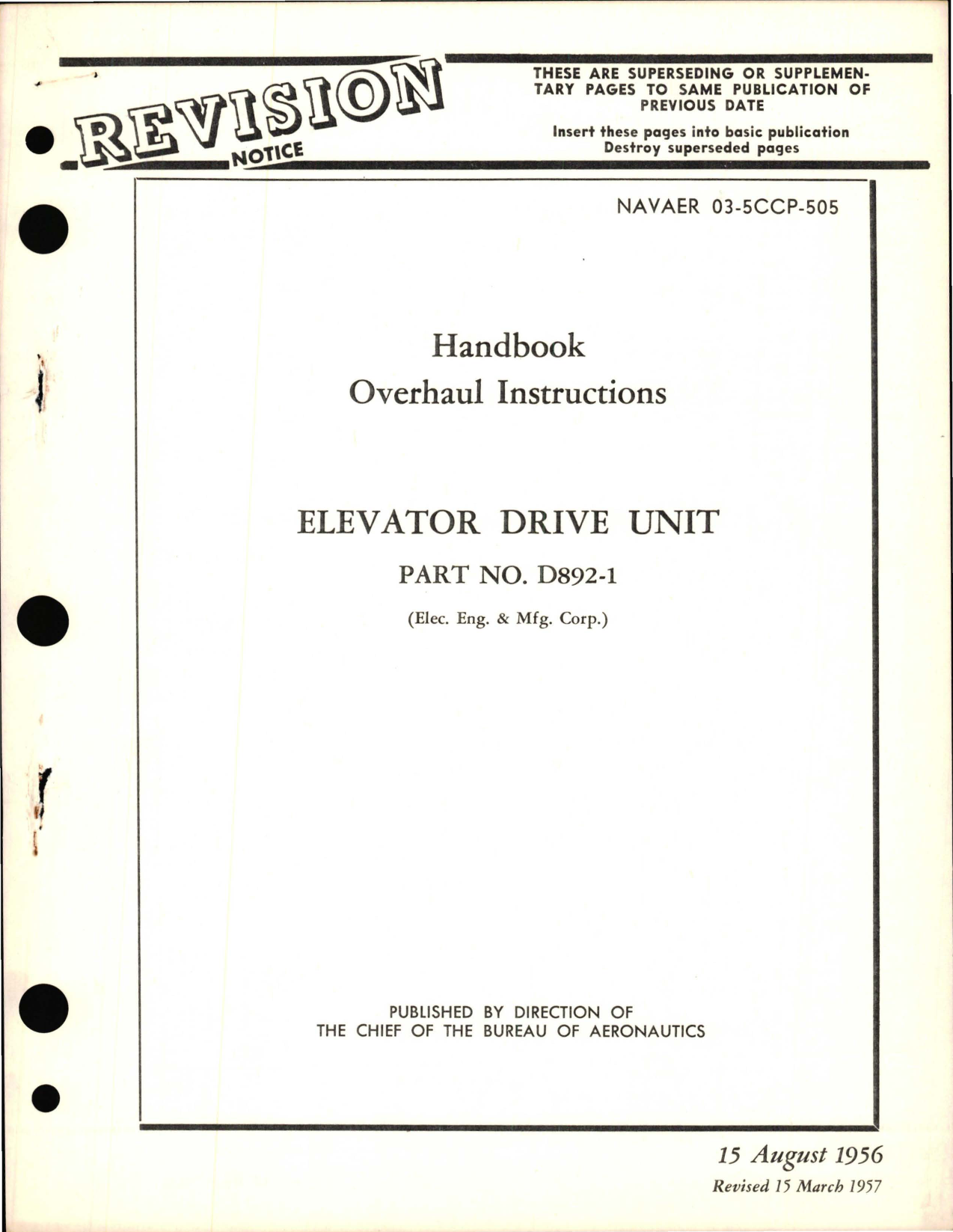 Sample page 1 from AirCorps Library document: Overhaul Instructions for Elevator Drive Unit - Part D892-1 