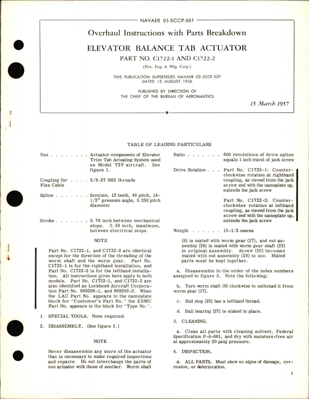 Sample page 1 from AirCorps Library document: Overhaul Instructions with Parts Breakdown for Elevator Balance Tab Actuator - Part C1722-1 and C1722-2 