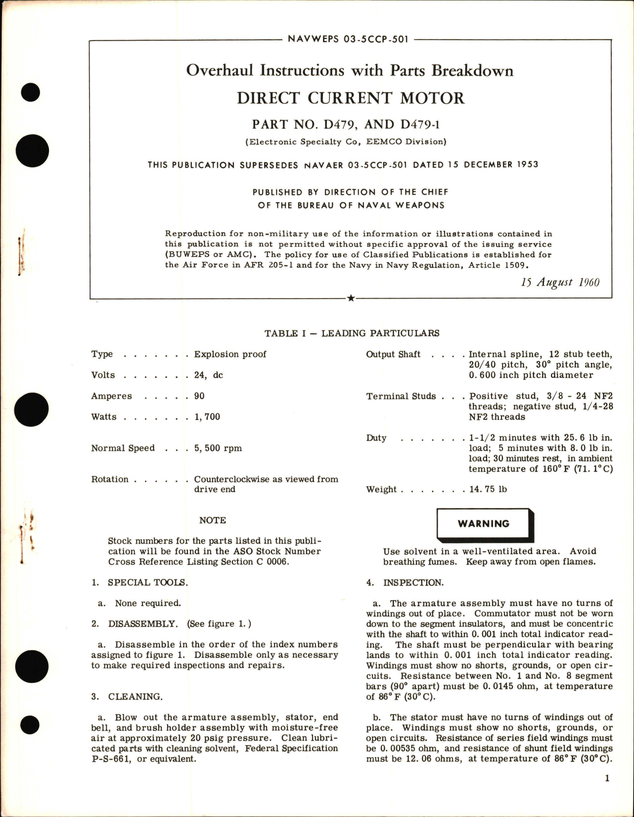 Sample page 1 from AirCorps Library document: Overhaul Instructions with Parts Breakdown for Direct Current Motor - Part D479 and D479-1 