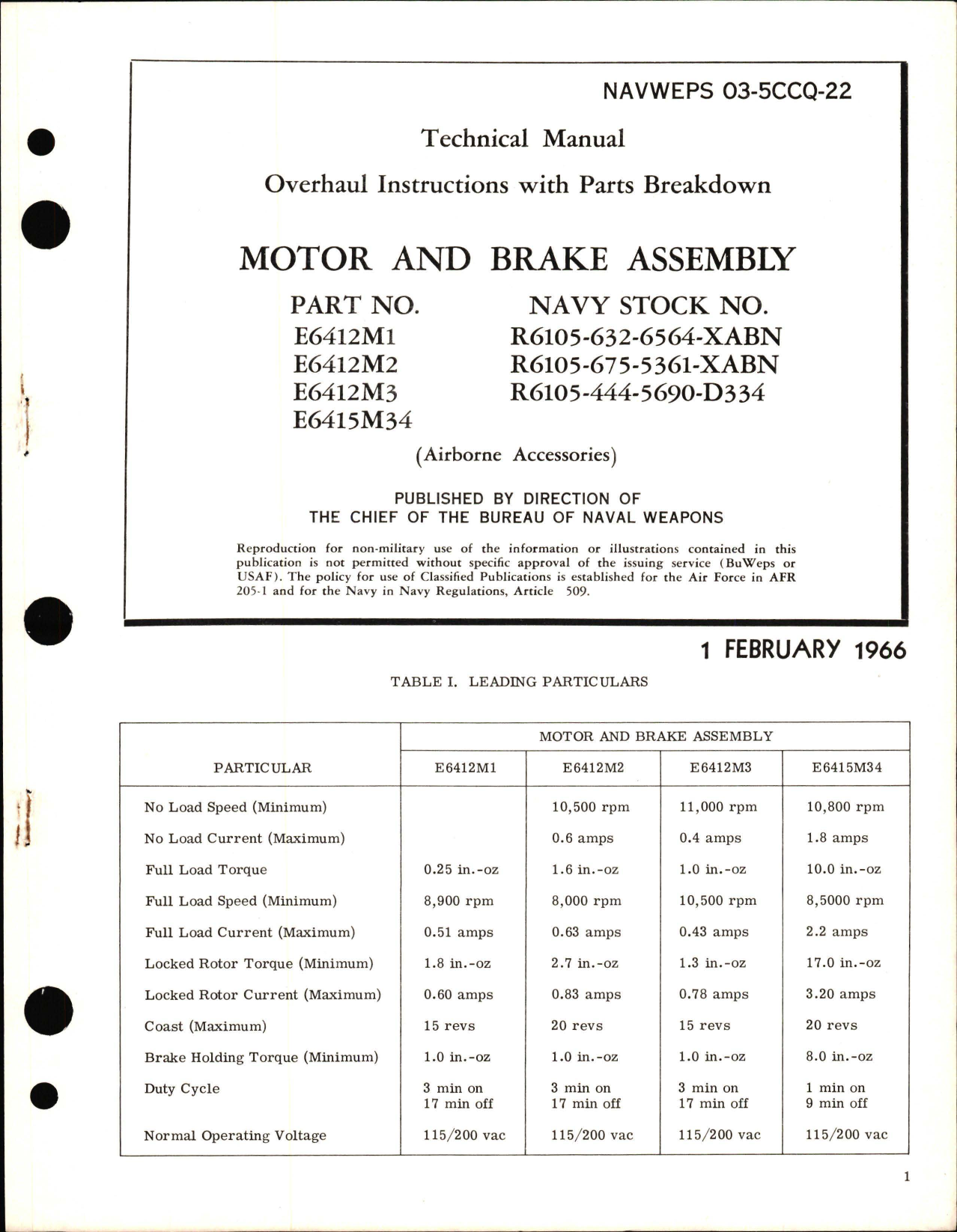 Sample page 1 from AirCorps Library document: Overhaul Instructions with Parts Breakdown for Motor and Brake Assembly - Part E6412M1, E6412M2, E6412M3 and E6415M34