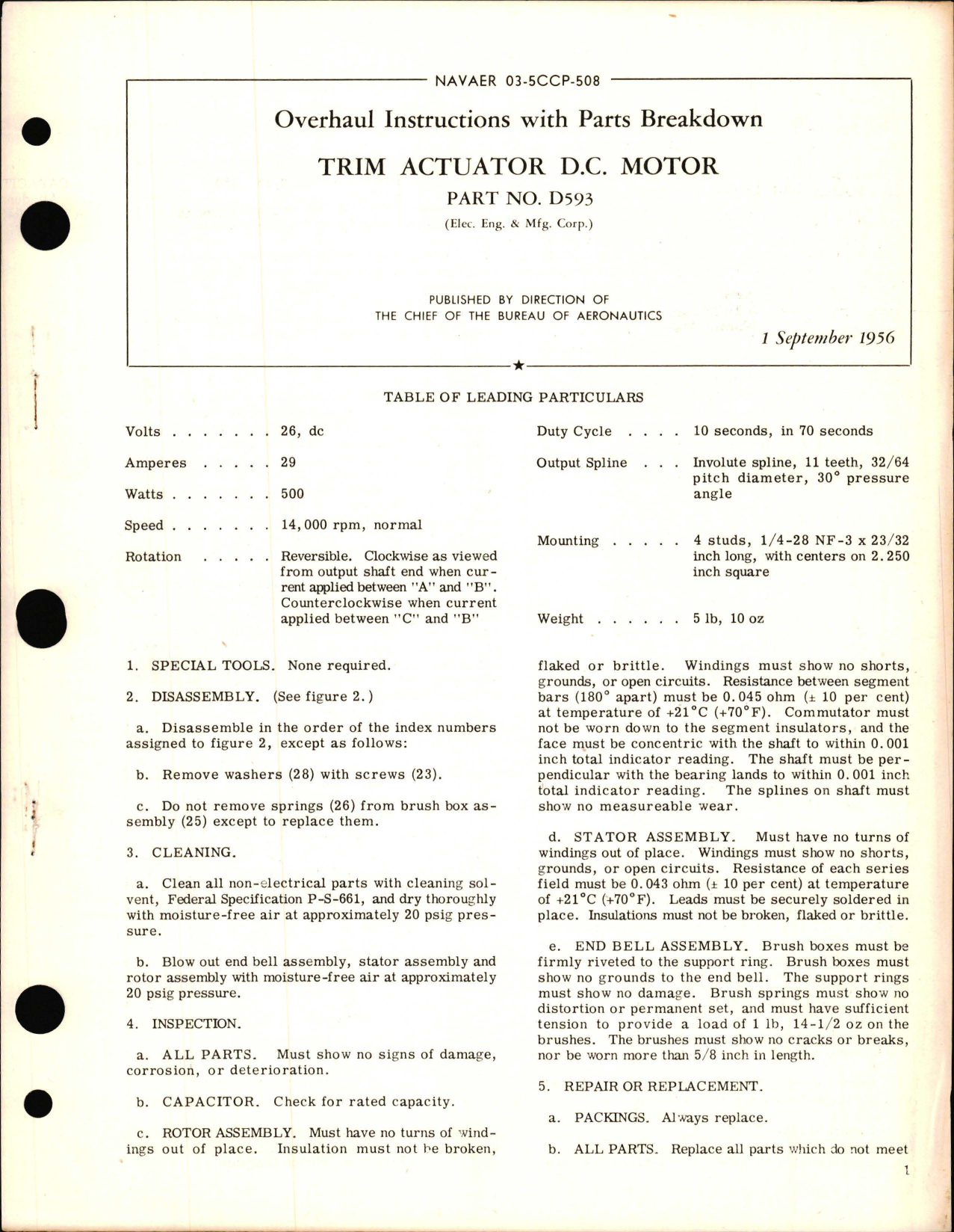 Sample page 1 from AirCorps Library document: Overhaul Instructions with Parts Breakdown for Trim Actuator DC Motor - Part D593