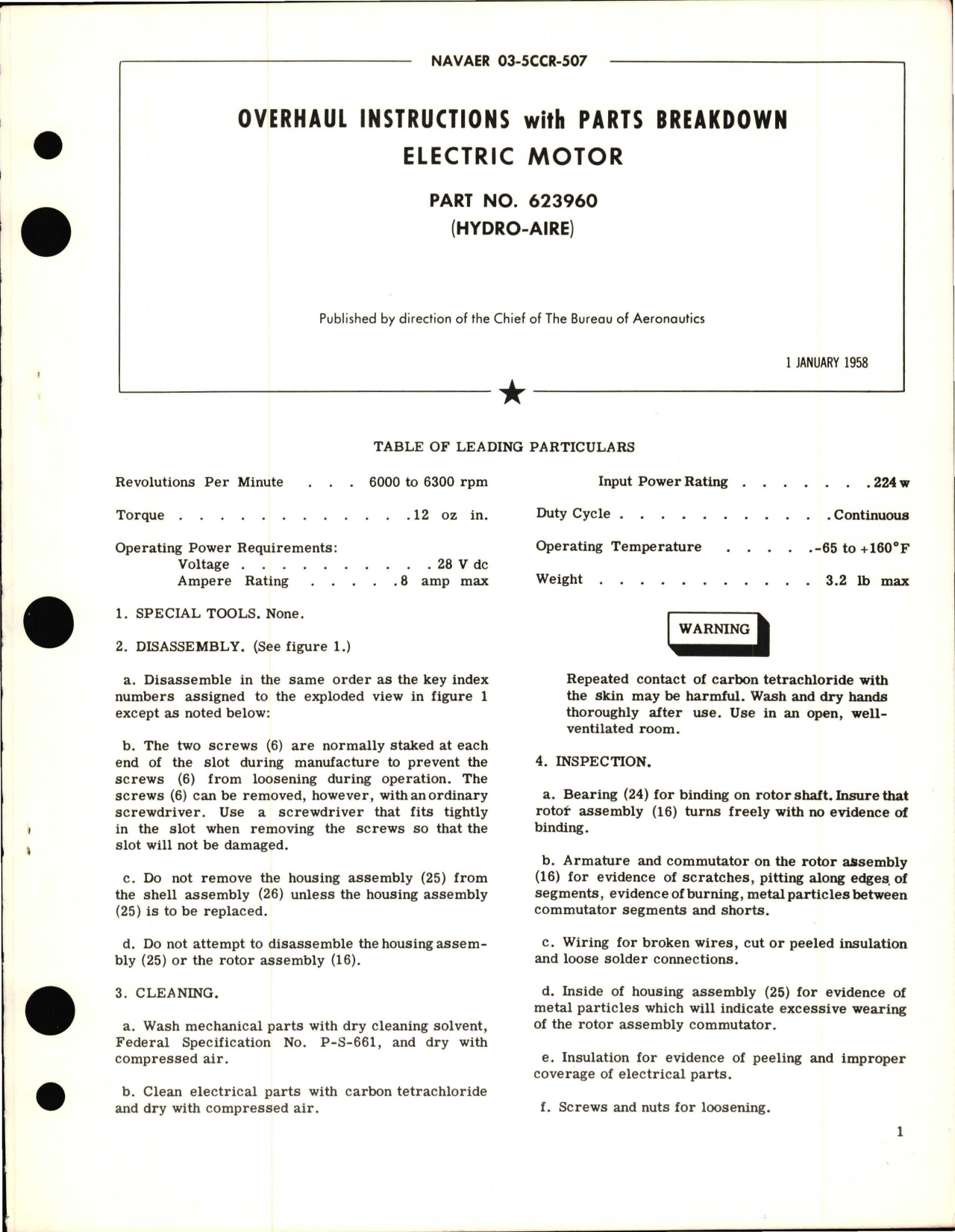 Sample page 1 from AirCorps Library document: Overhaul Instructions with Parts Breakdown for Electric Motor - Part 623960