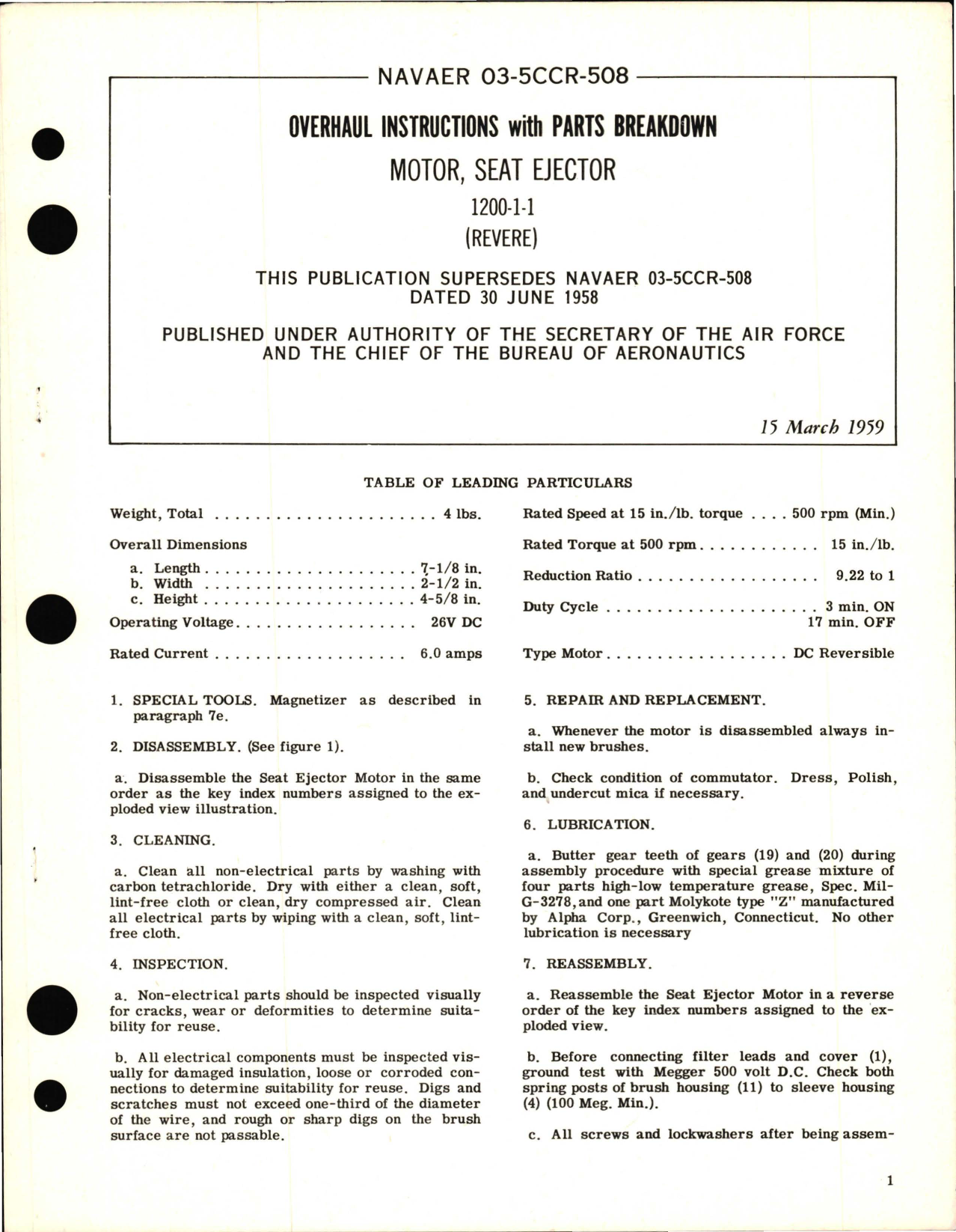 Sample page 1 from AirCorps Library document: Overhaul Instructions with Parts Breakdown for Motor, Seat Ejector 1200-1-1