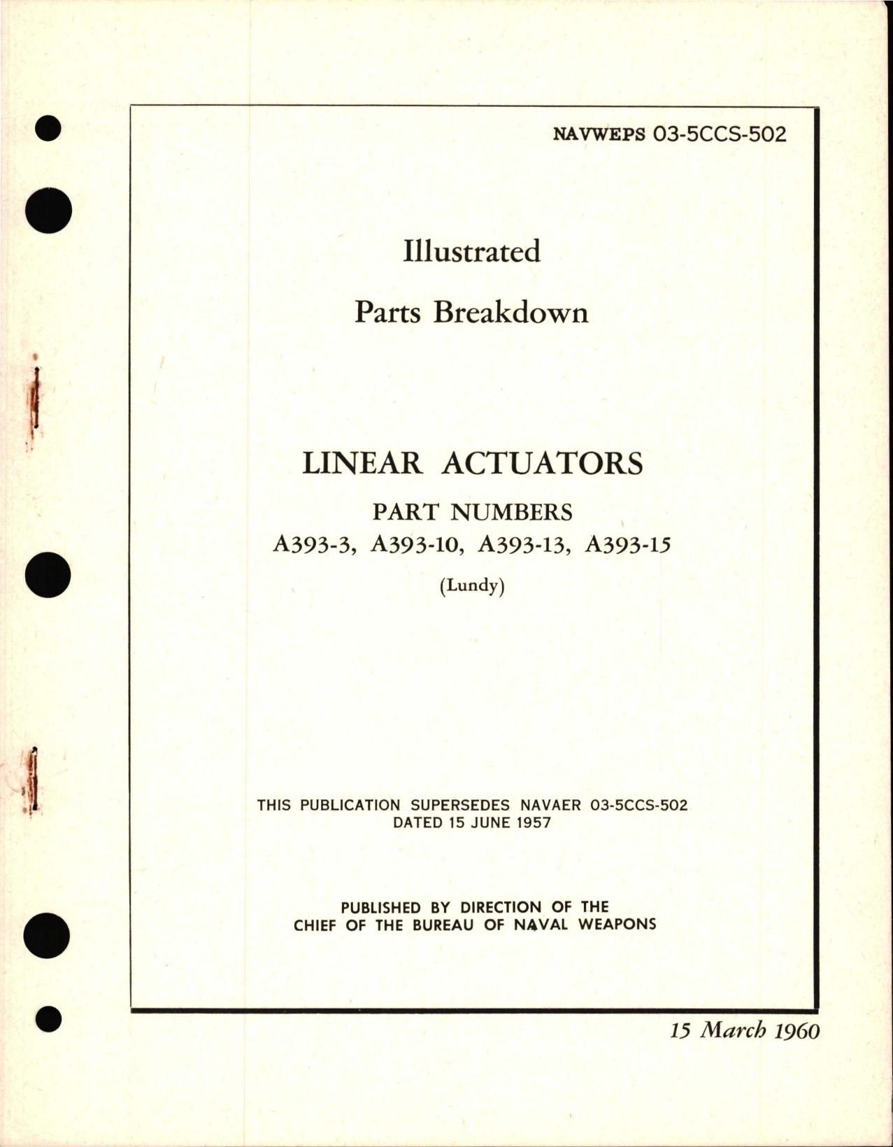 Sample page 1 from AirCorps Library document: Illustrated Parts Breakdown for Linear Actuators - Parts A393-3, A393-10, A393-13 and A393-15