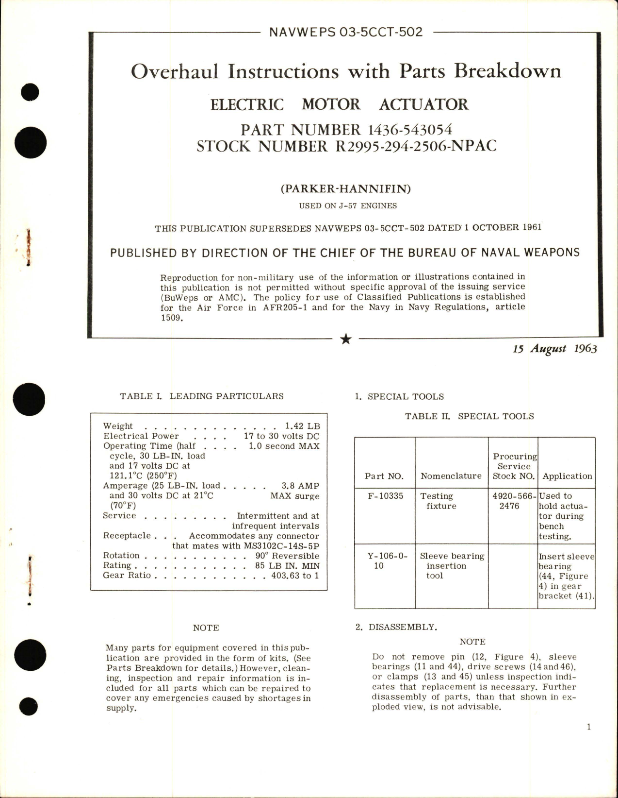 Sample page 1 from AirCorps Library document: Overhaul Instructions with Parts Breakdown for Electric Motor Actuator - Part 1436-543054