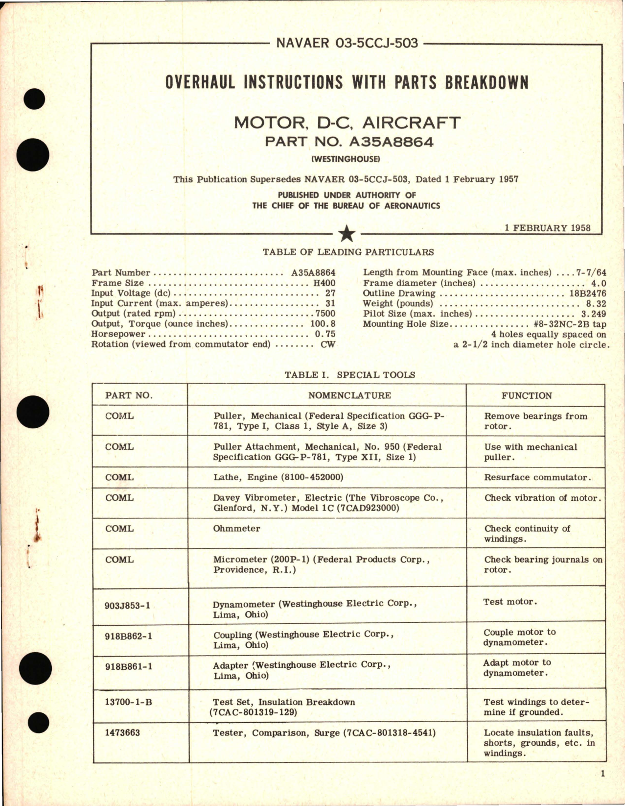Sample page 1 from AirCorps Library document: Overhaul Instructions with Parts Breakdown for Motor, D-C, Aircraft - Part A35A8864 