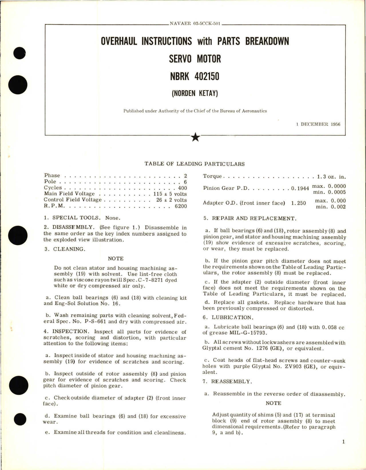 Sample page 1 from AirCorps Library document: Overhaul Instructions with Parts Breakdown for Servo Motor - NBRK 402150