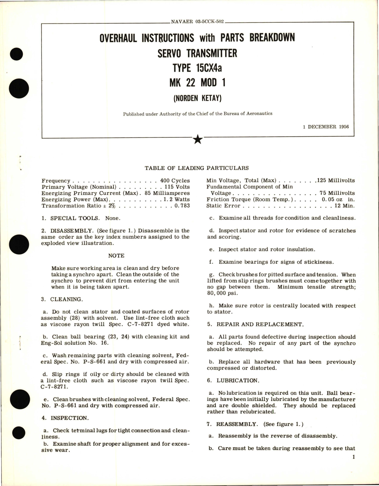 Sample page 1 from AirCorps Library document: Overhaul Instructions with Parts Breakdown for Servo Transmitter - Type 15CX4a - MK 22 MOD 1 