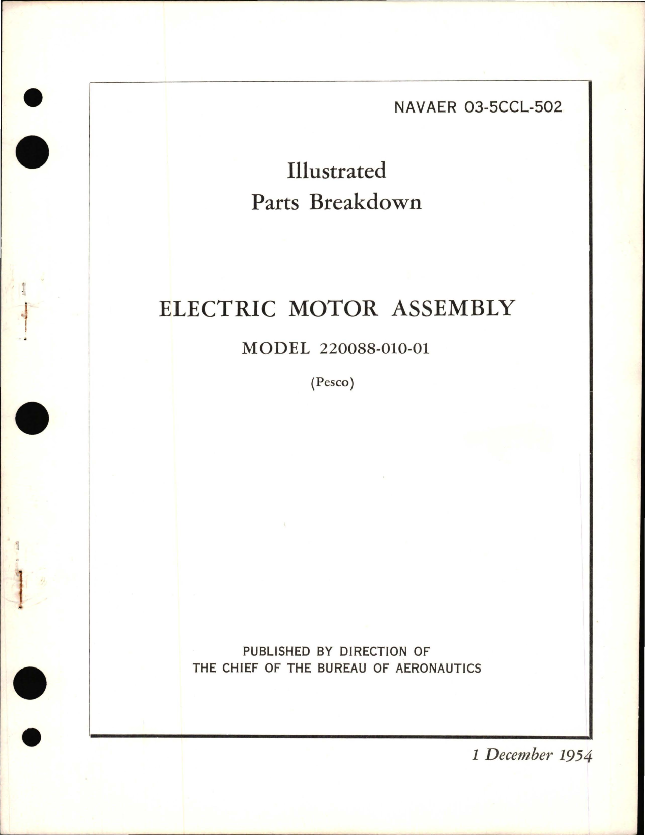 Sample page 1 from AirCorps Library document: Illustrated Parts Breakdown for Electric Motor Assembly - Model 220088-010-01 