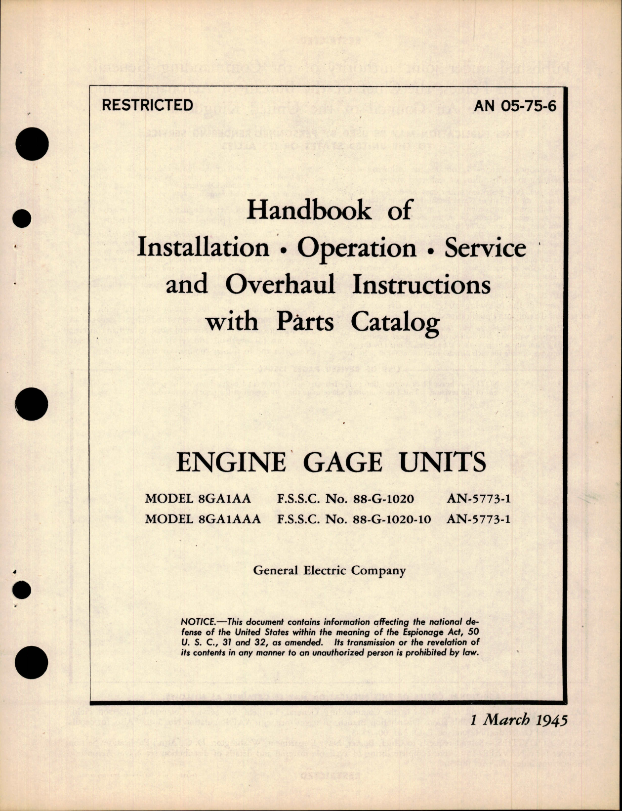Sample page 1 from AirCorps Library document: Handbook of Installation, Operation, Service, and Overhaul Instructions with Parts Catalog for Engine Gage Units