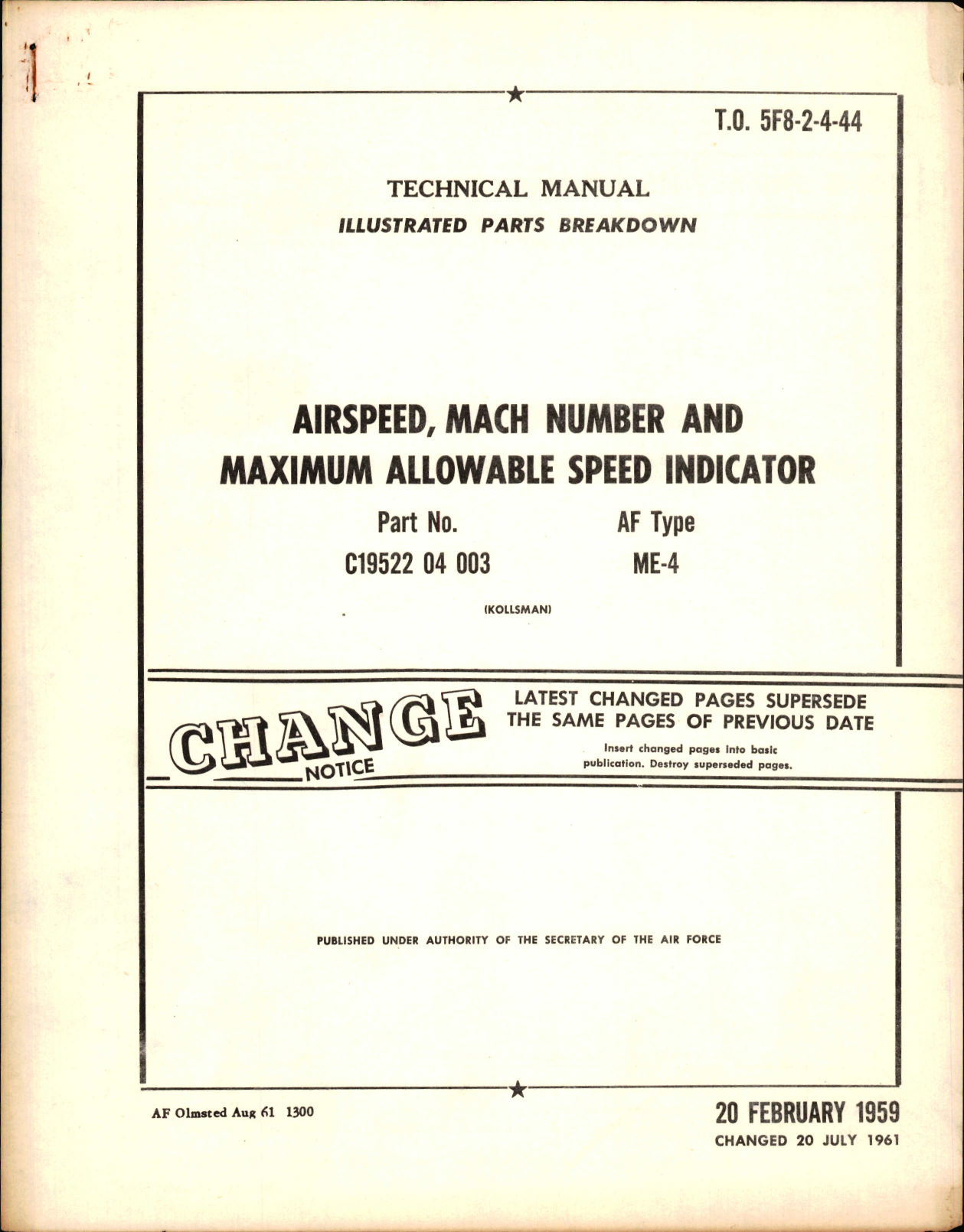 Sample page 1 from AirCorps Library document: Technical Manual with Illustrated Parts Breakdown for Airspeed, Mach Number and Maximum Allowable Speed Indicator