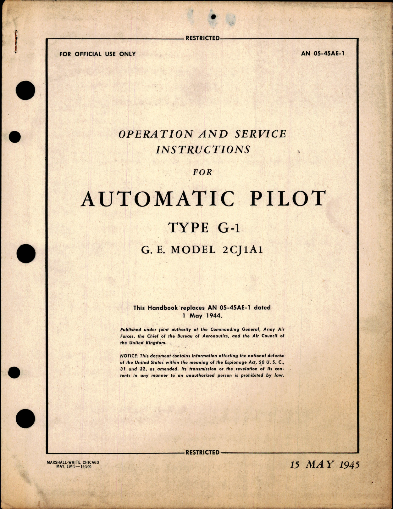 Sample page 1 from AirCorps Library document: Operation and Service Instructions for Automatic Pilot Type G-1, G.E. Model 2CJ1A1