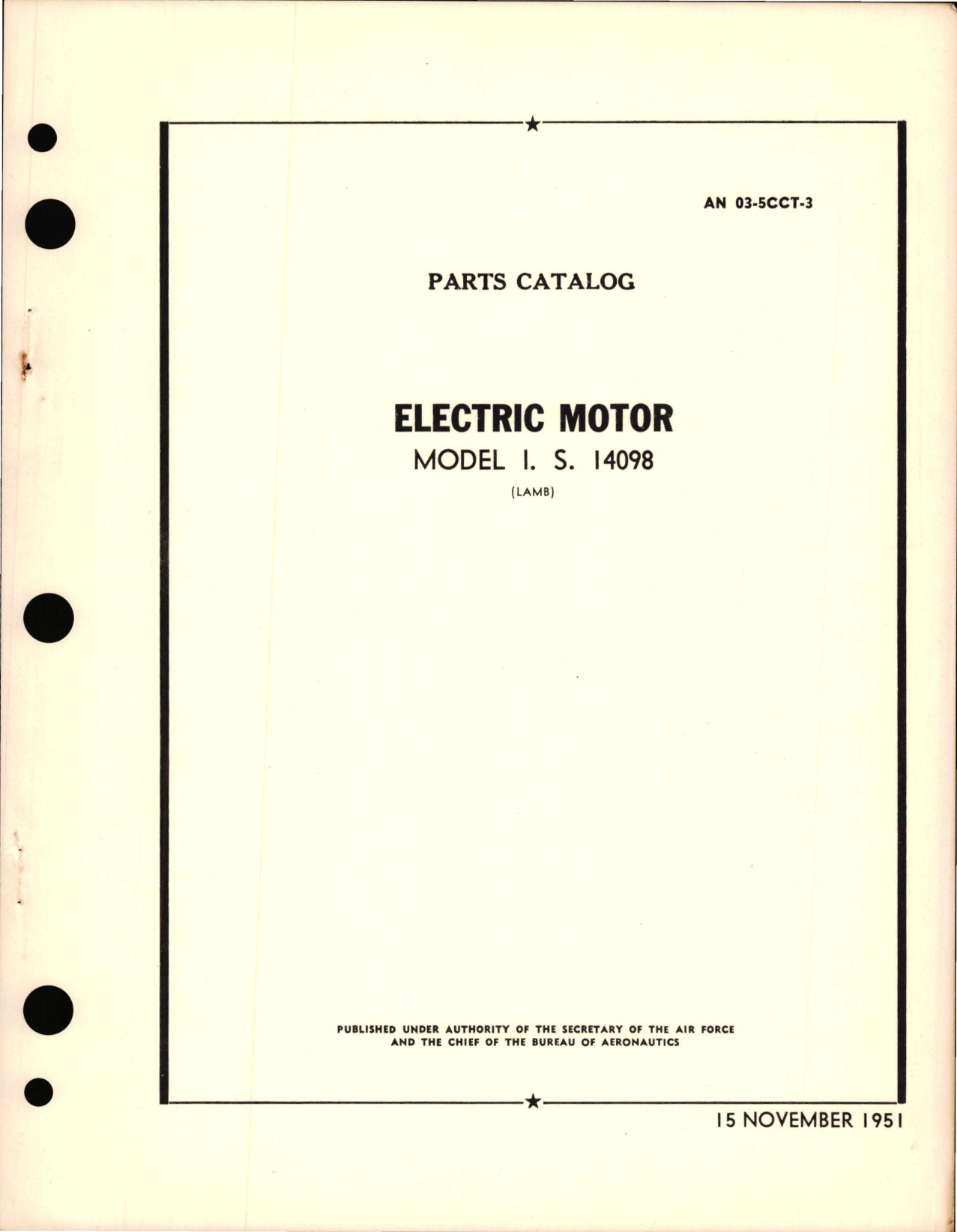 Sample page 1 from AirCorps Library document: Parts Catalog for Electric Motors Model I.S. 14098 