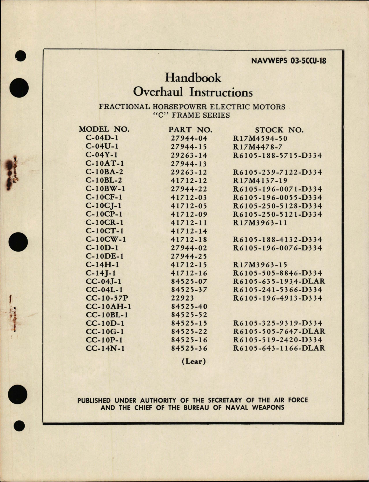 Sample page 1 from AirCorps Library document: Overhaul Instructions for Fractional Horsepower Electric Motors - C Frame Series 