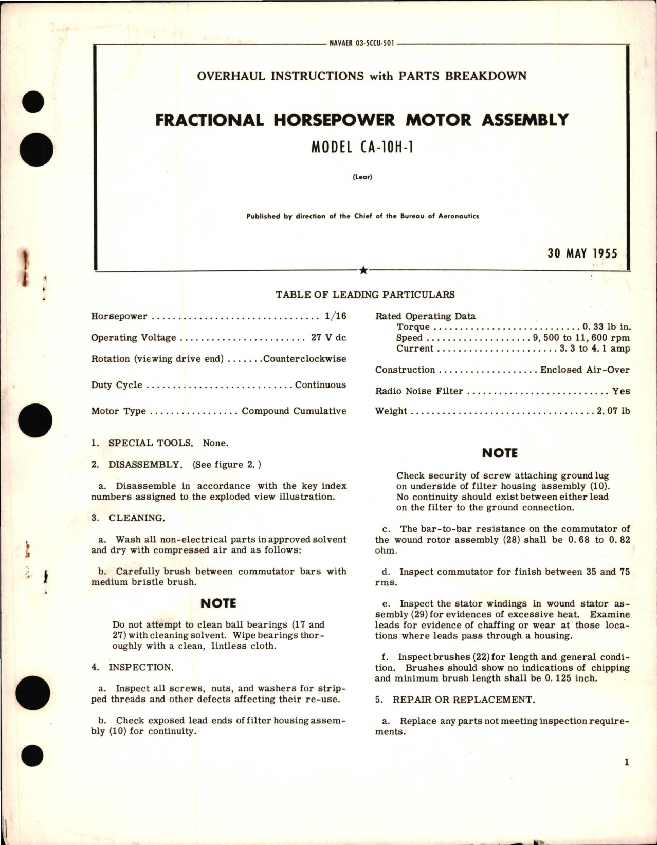 Sample page 1 from AirCorps Library document: Overhaul Instructions with Parts Breakdown for Fractional Horsepower Motor Assembly - Model CA-10H-1 
