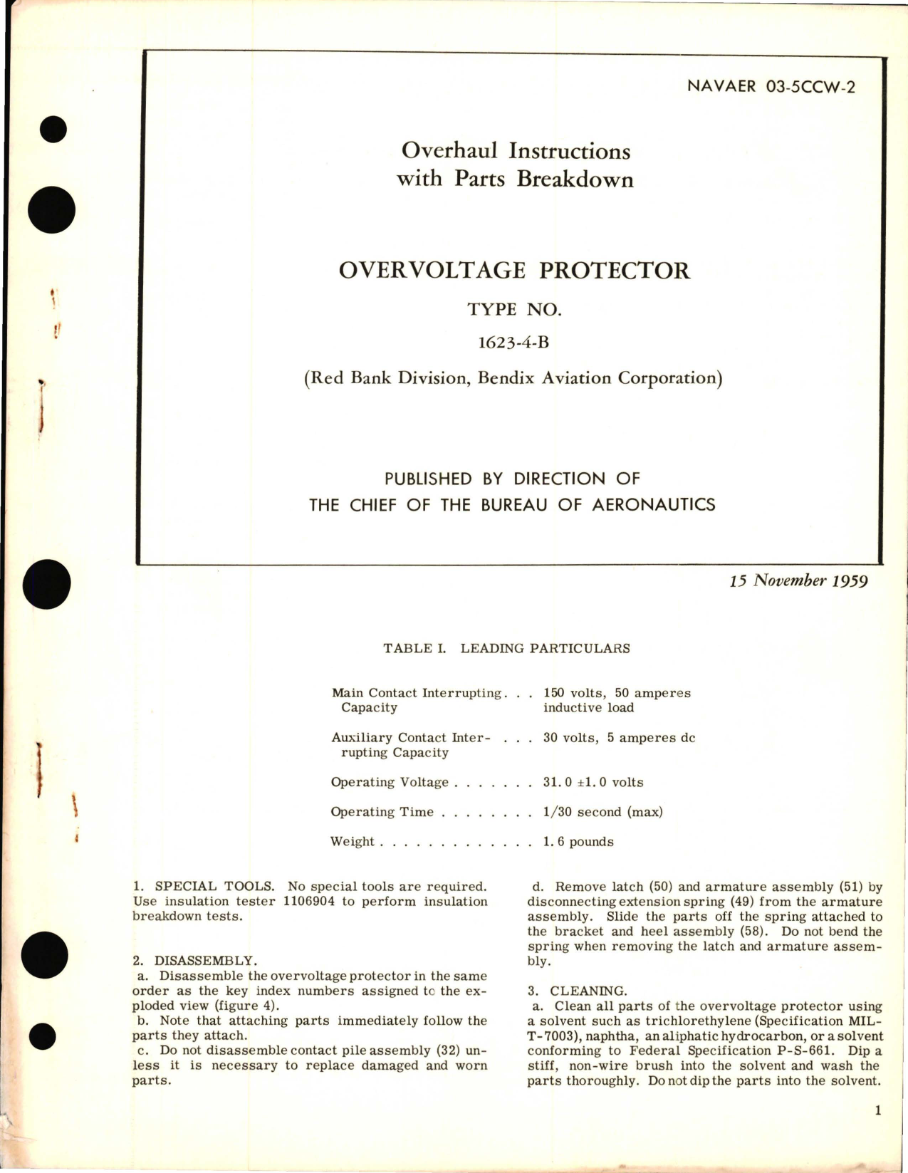 Sample page 1 from AirCorps Library document: Overhaul Instructions with Parts Breakdown for Overvoltage Protector Type 1623-4-B