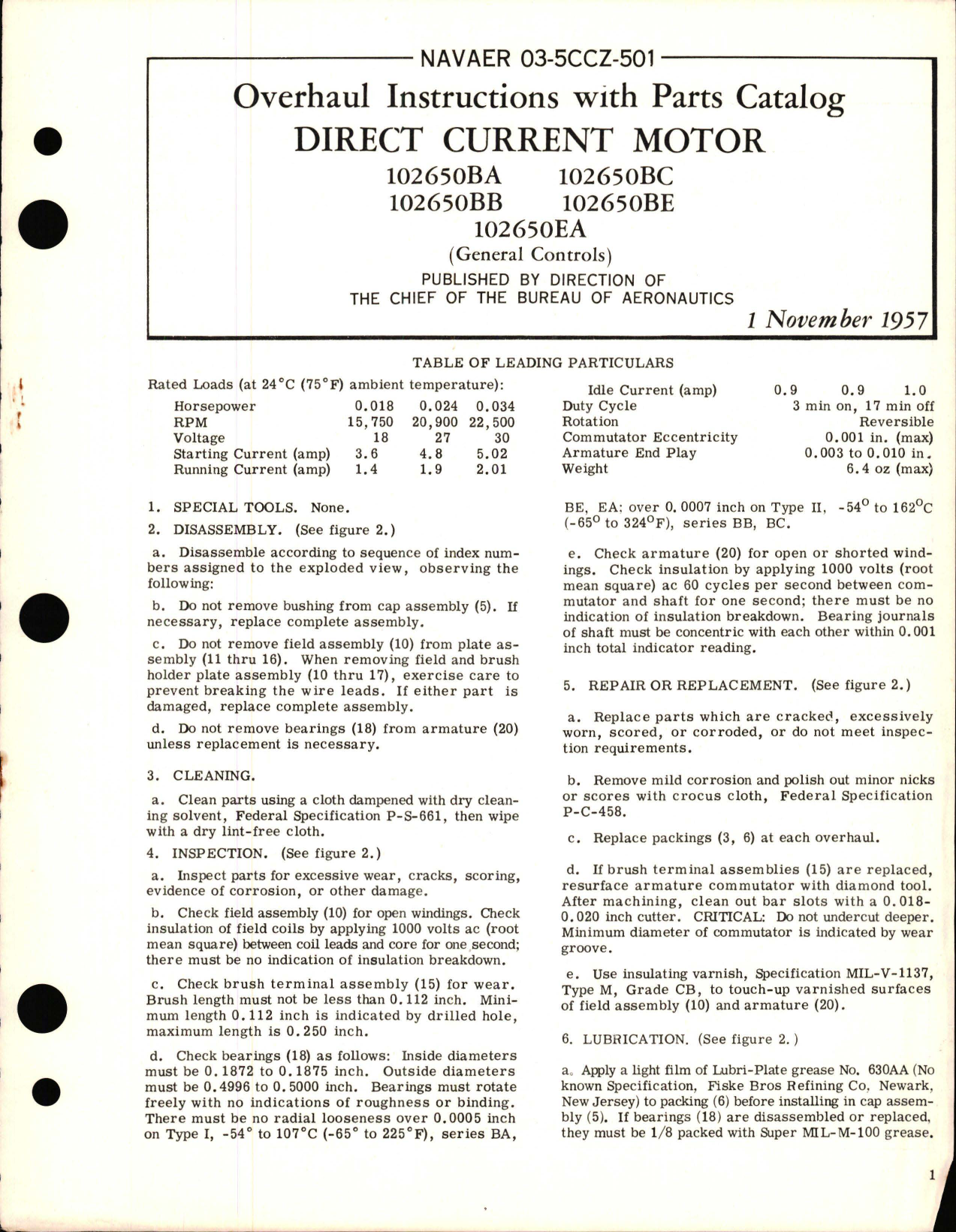 Sample page 1 from AirCorps Library document: Overhaul Instructions with Parts Catalog for Direct Current Motor 102650B Series