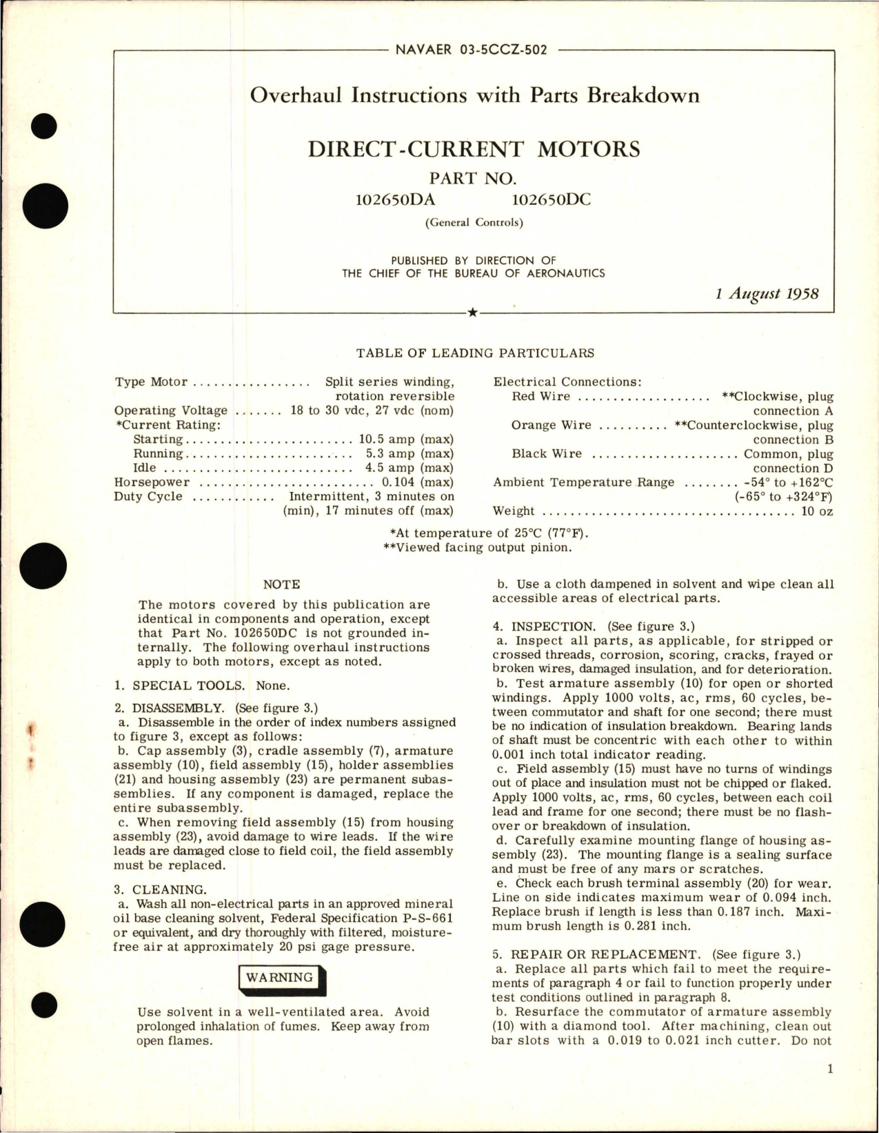Sample page 1 from AirCorps Library document: Overhaul Instructions with Parts Breakdown for Direct Current Motors - Part 102650DA and 102650DC