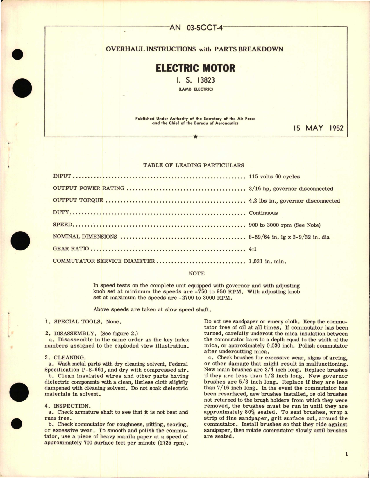 Sample page 1 from AirCorps Library document: Overhaul Instructions for Electric Motor I.S. 13823