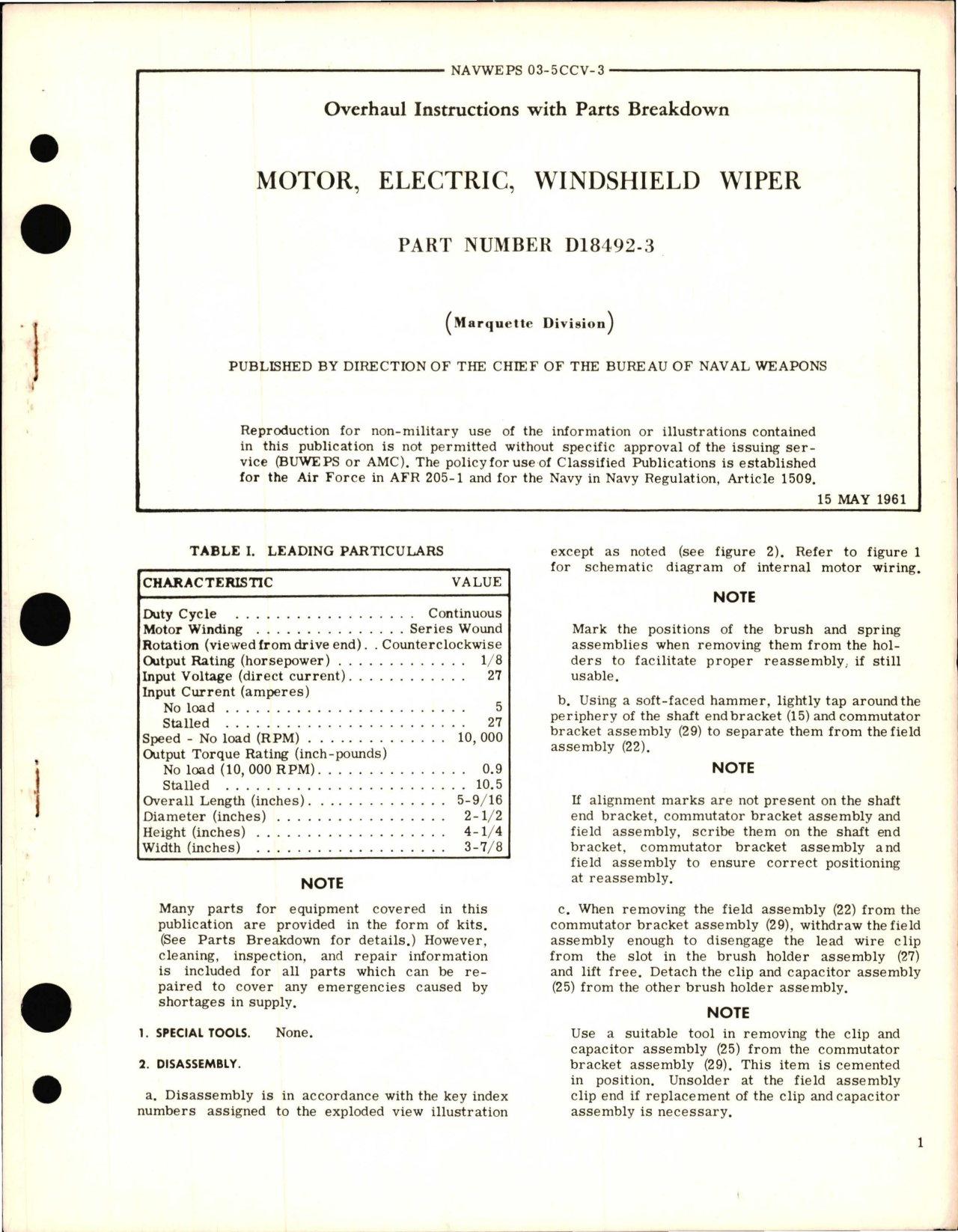 Sample page 1 from AirCorps Library document: Motor, Electric, Windshield Wiper - Part D18492-3 