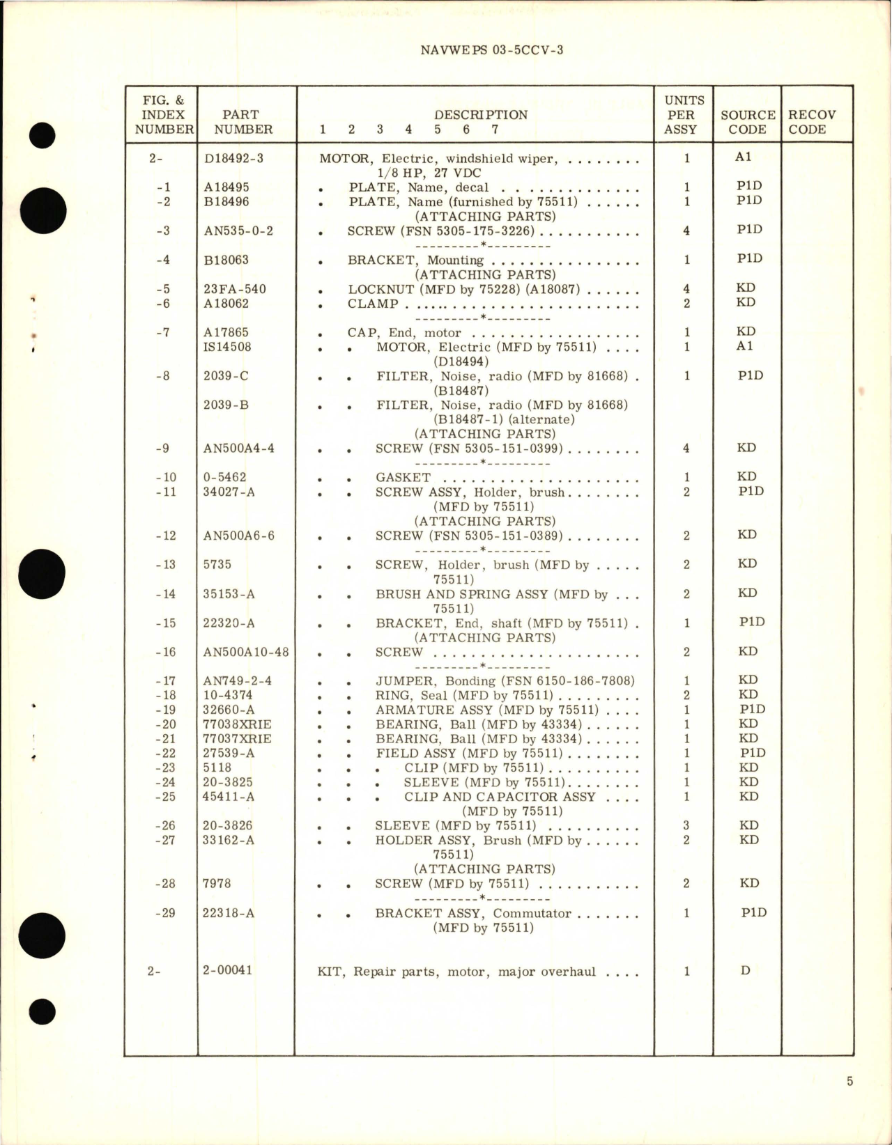 Sample page 5 from AirCorps Library document: Motor, Electric, Windshield Wiper - Part D18492-3 