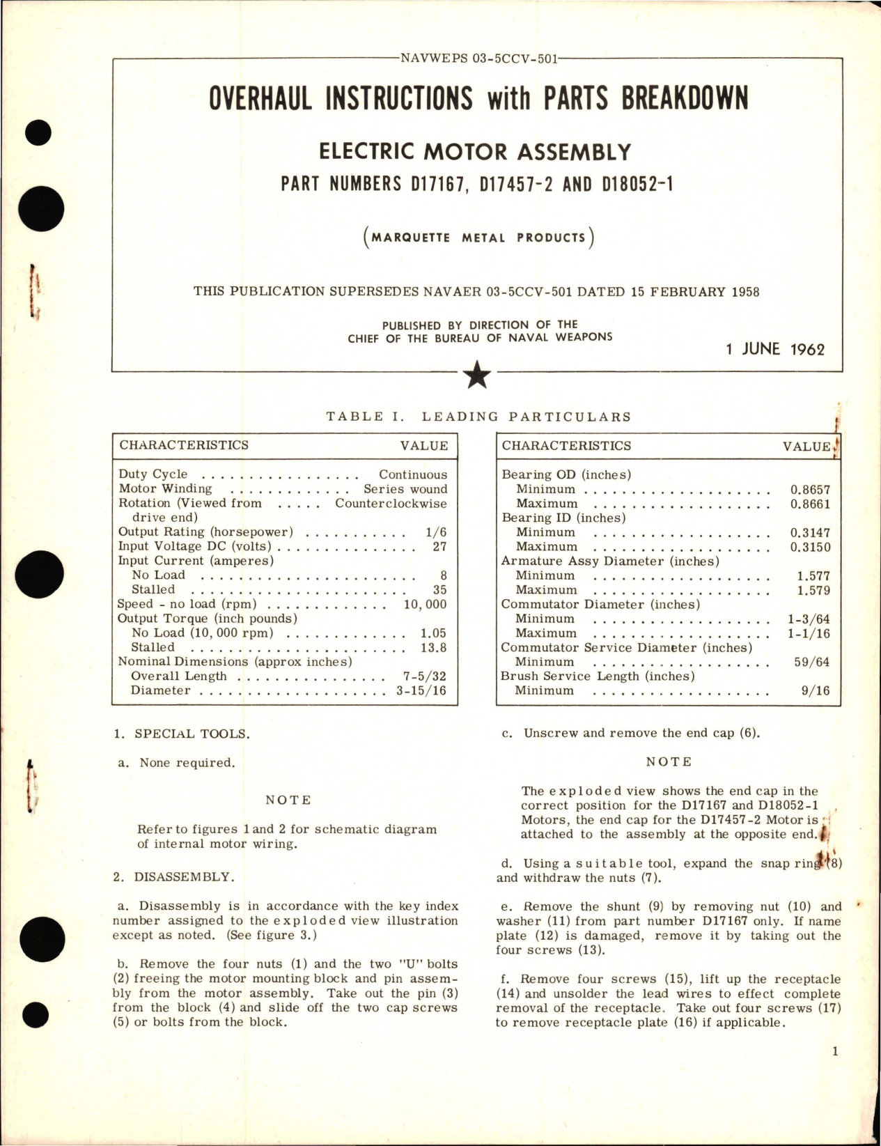 Sample page 1 from AirCorps Library document: Overhaul Instructions with Parts Breakdown for Electric Motor Assembly - Part D17167, D17457-2 and D18052-1 