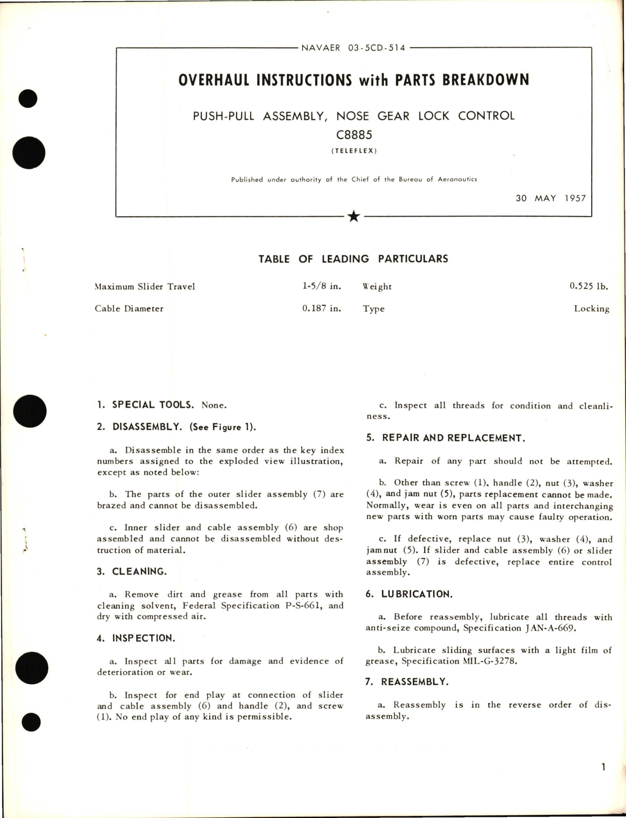 Sample page 1 from AirCorps Library document: Overhaul Instructions with Parts Breakdown for Push-Pull Assembly, Nose Gear Lock Control C8885
