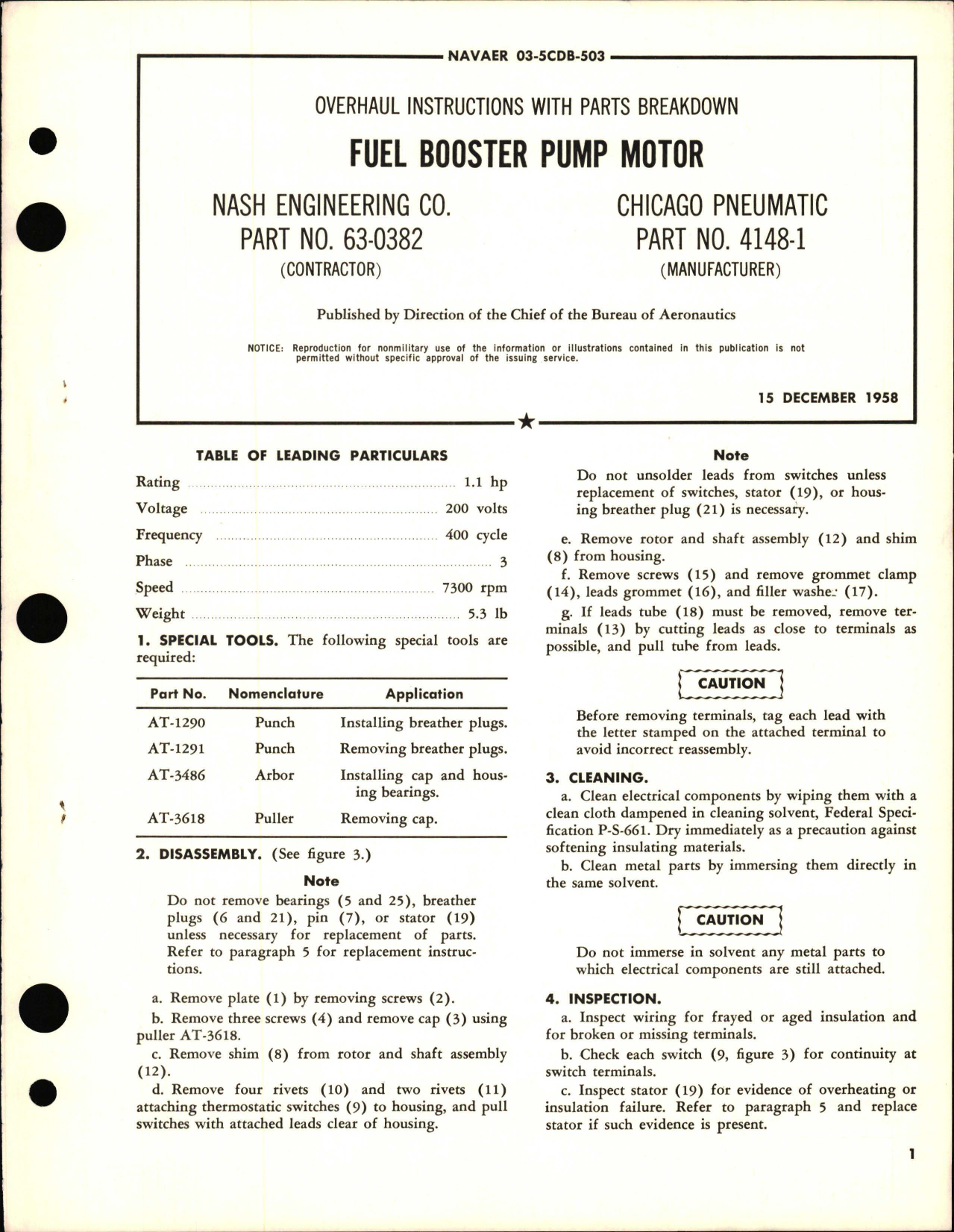 Sample page 1 from AirCorps Library document: Overhaul Instructions with Parts Breakdown for Fuel Booster Pump Motor - Part 63-0382 and 4148-1 