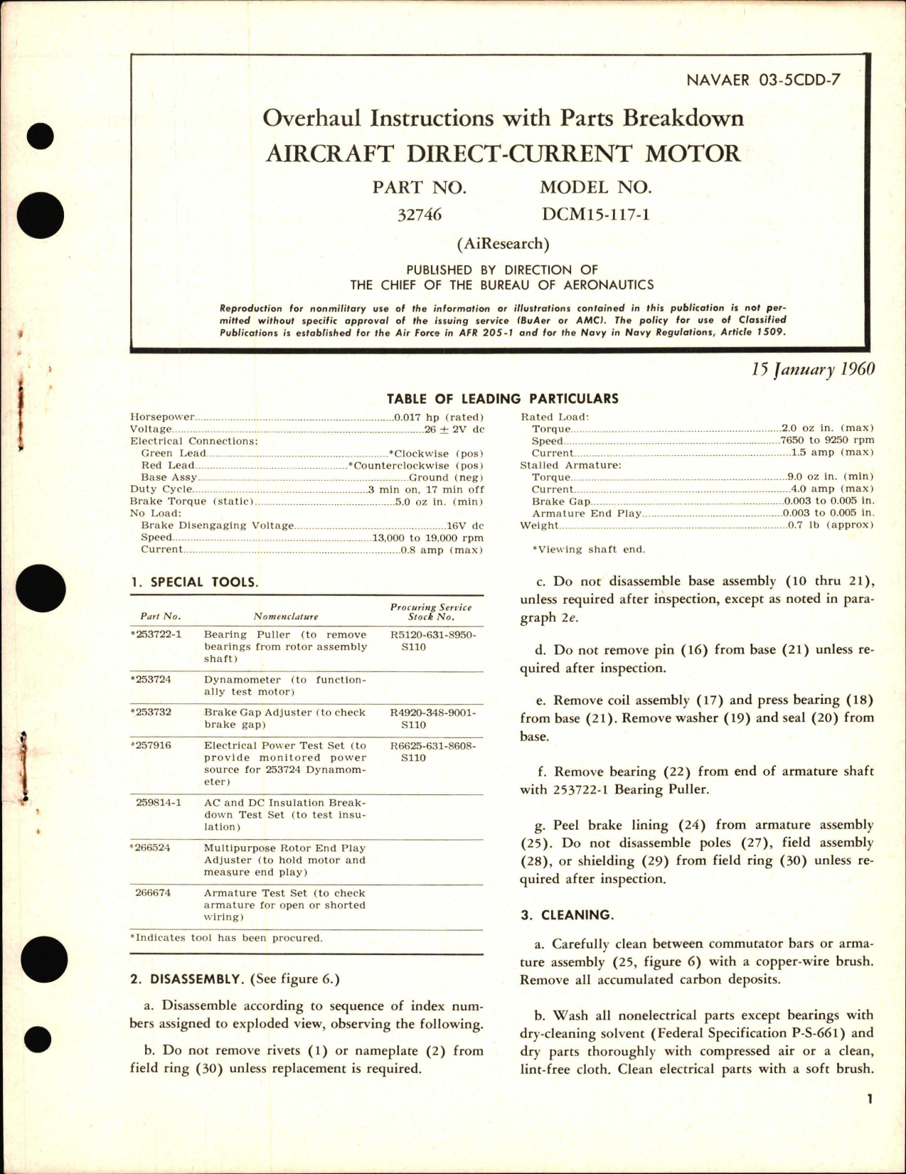 Sample page 1 from AirCorps Library document: Overhaul Instructions with Parts Breakdown for Aircraft Direct-Current Motor - Part 32746 Model DCM15-117-1