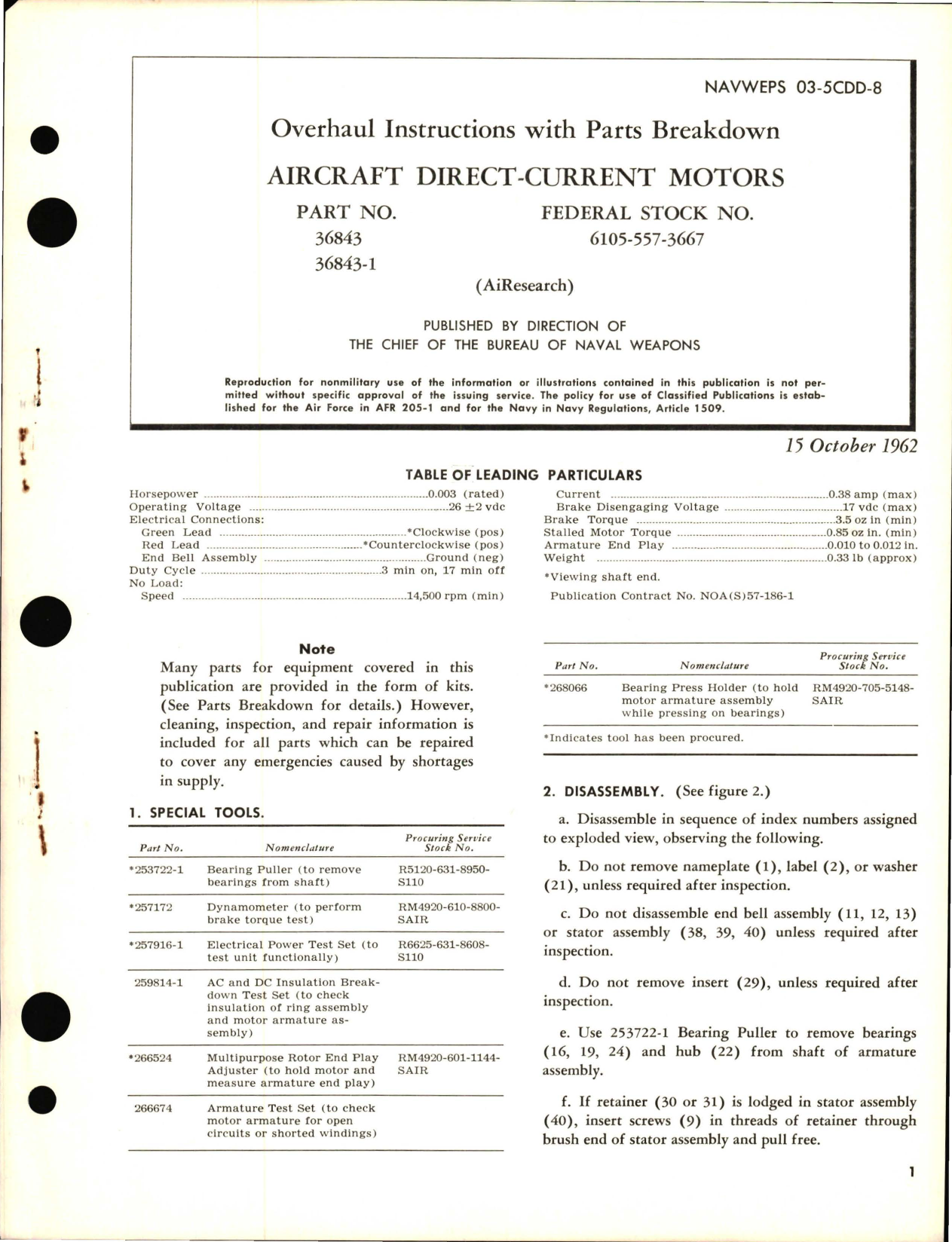 Sample page 1 from AirCorps Library document: Overhaul Instructions with Parts Breakdown for Aircraft Direct-Current Motors - Part 36843 and 36843-1