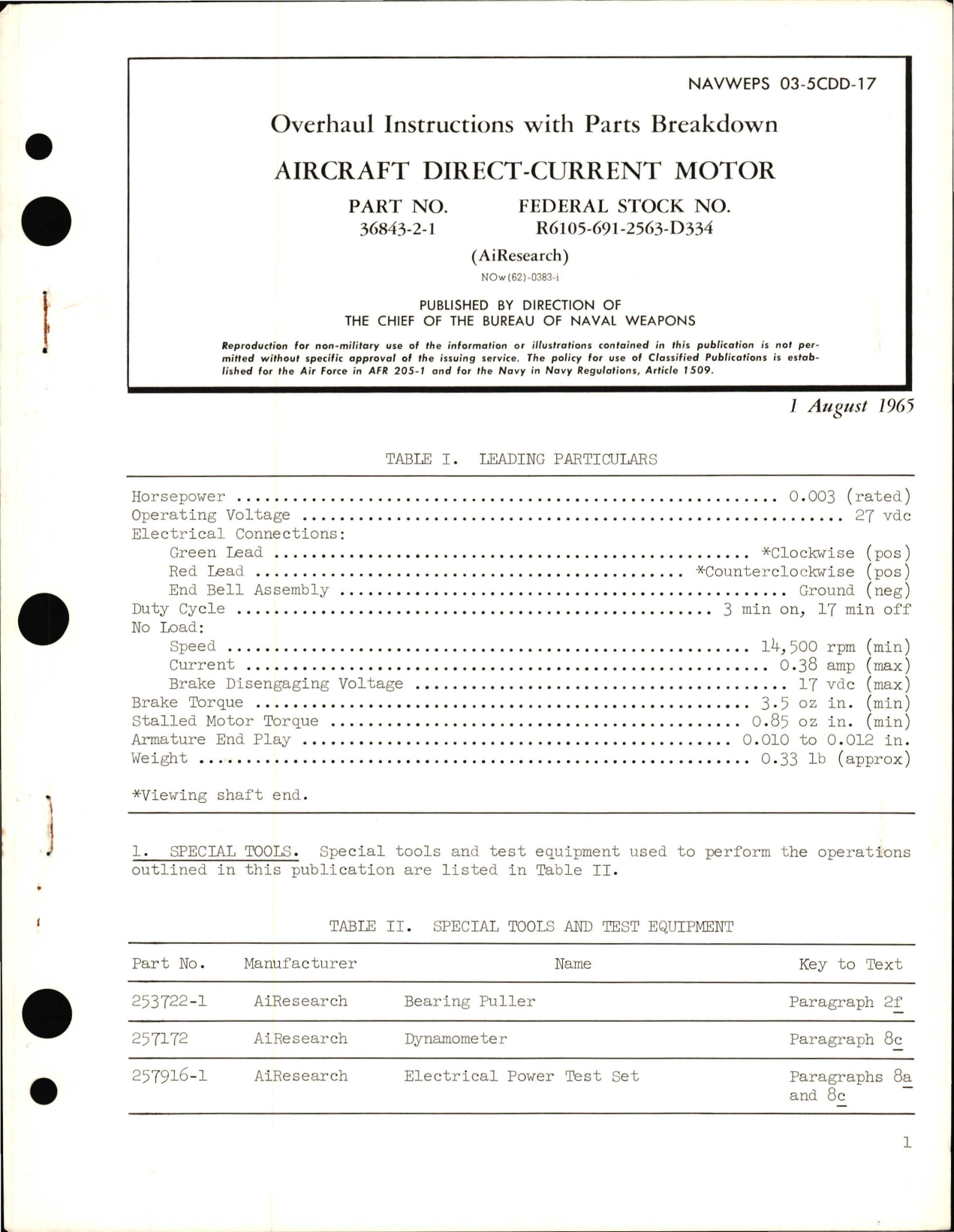Sample page 1 from AirCorps Library document: Overhaul Instructions with Parts Breakdown for Aircraft Direct Current Motor - Part 36843-2-1