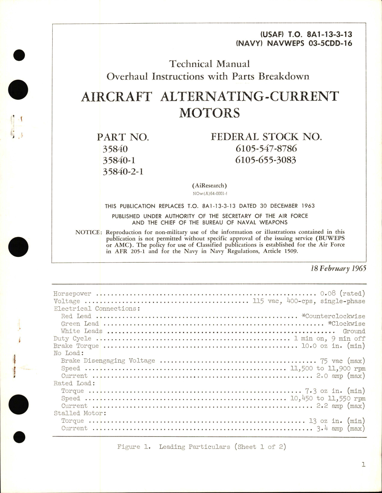 Sample page 1 from AirCorps Library document: Overhaul Instructions with Parts Breakdown for Aircraft Alternating Current Motors - Parts 35840, 35840-1 and 35840-2-1