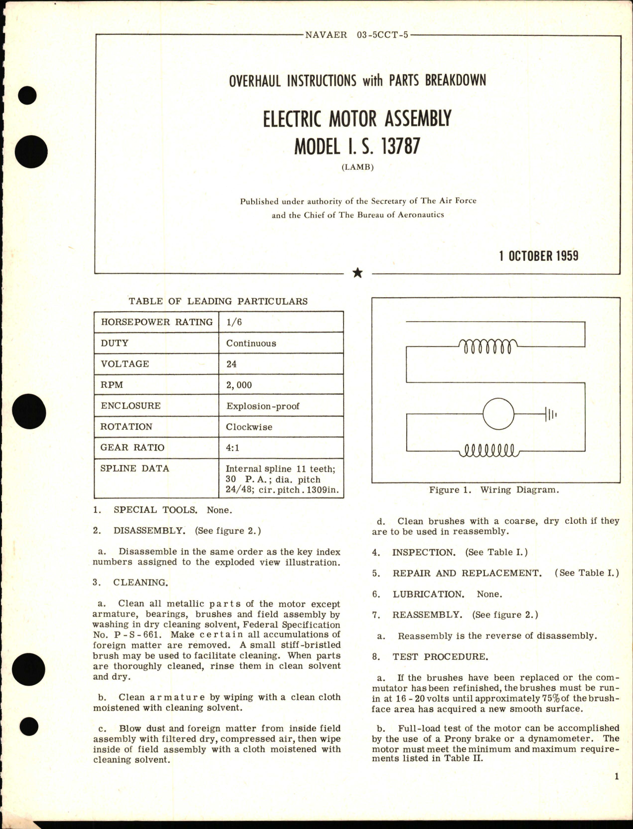 Sample page 1 from AirCorps Library document: Overhaul Instructions with Parts Breakdown for Electric Motor Assembly - Model I.S. 13787 