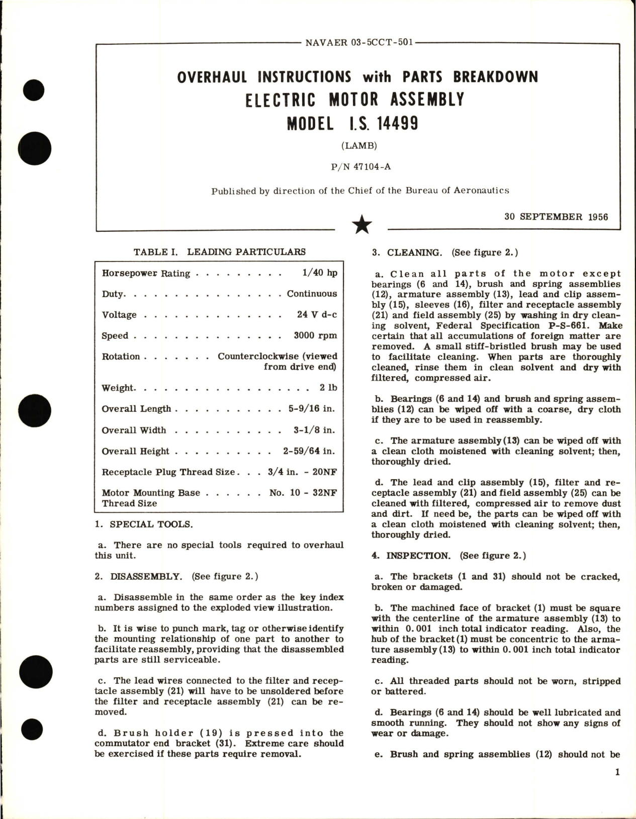 Sample page 1 from AirCorps Library document: Overhaul Instructions with Parts Breakdown for Electric Motor Assembly - Model I.S. 14499 