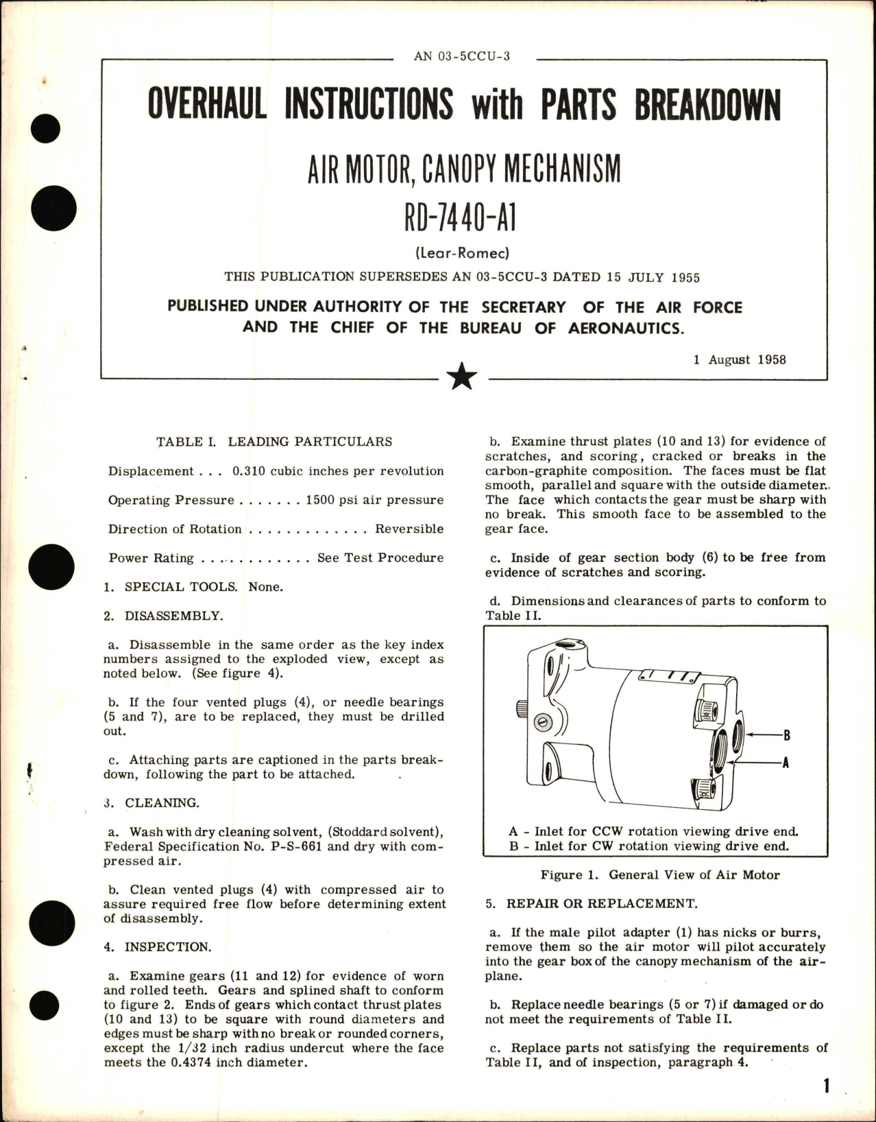 Sample page 1 from AirCorps Library document: Overhaul Instructions with Parts Breakdown for Air Motor, Canopy Mechanism - RD-74 40-A1 